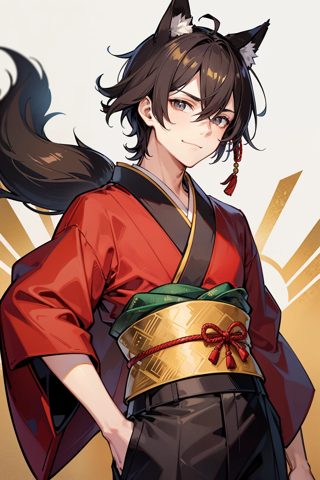 (high-quality, breathtaking),(expressive eyes, perfect face), 1boy, male, solo, young adult, black hair , gold coloured eyes, gentle smile, short length hair, loose hair, hair between eyes, japanese clothing, red shirt with a gold and black trim, black pants, brown belt, black fox ears on top of his head, wears a japanese fox mask on the side of his head, patterns on kimono, masculine face, hair covers ears, kimono