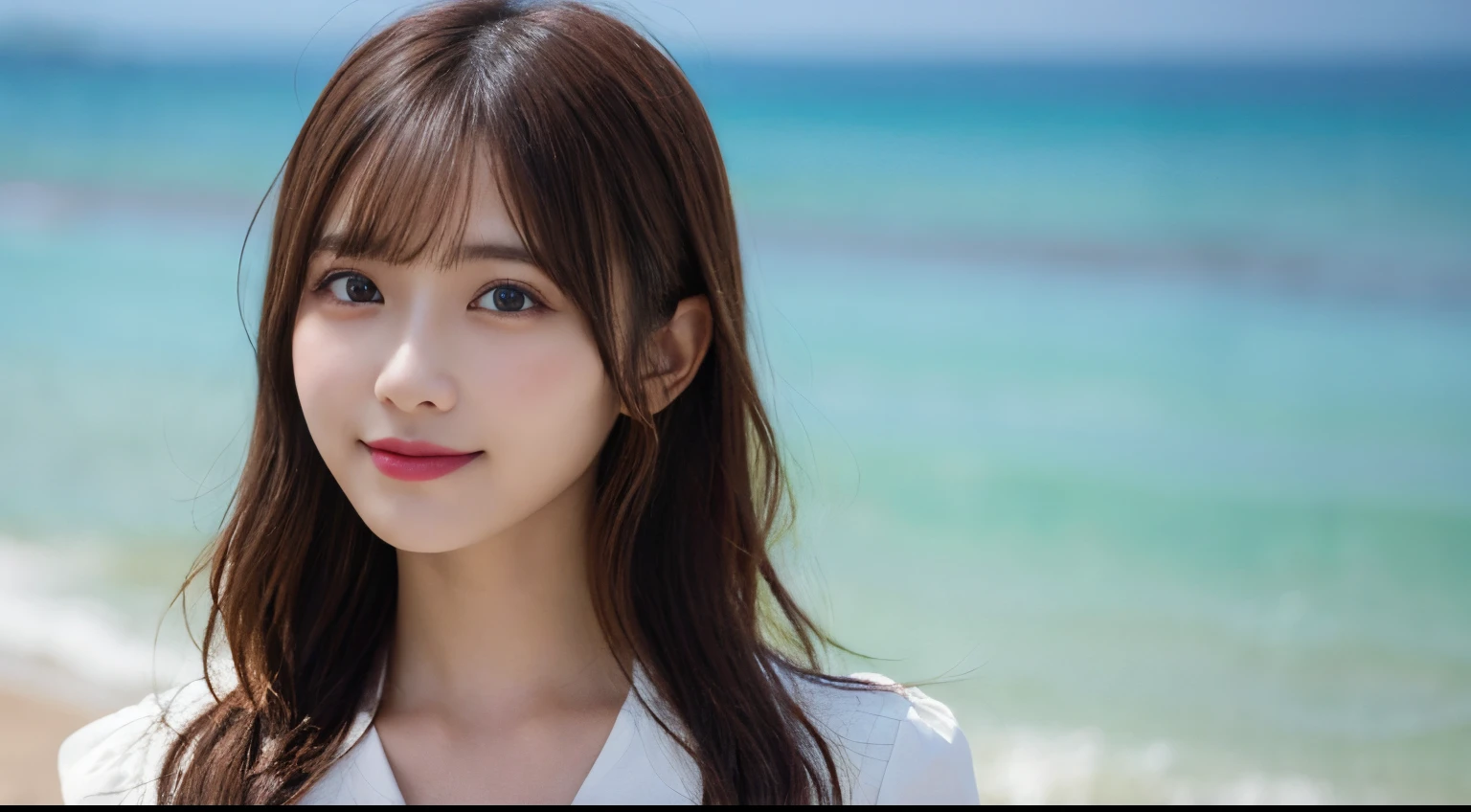 masutepiece, Best Quality, Illustration, Ultra-detailed, finely detail, hight resolution, 8K Wallpaper, Perfect dynamic composition, Beautiful detailed eyes, she is wearing a black dress,Medium Hair,Natural Color Lip, Correct posture,Smile,Harajuku、20 years girl、Cute、Straighten your back and look at the camera、C Cup、Brown hair、caste-like face、Blurred private beach background