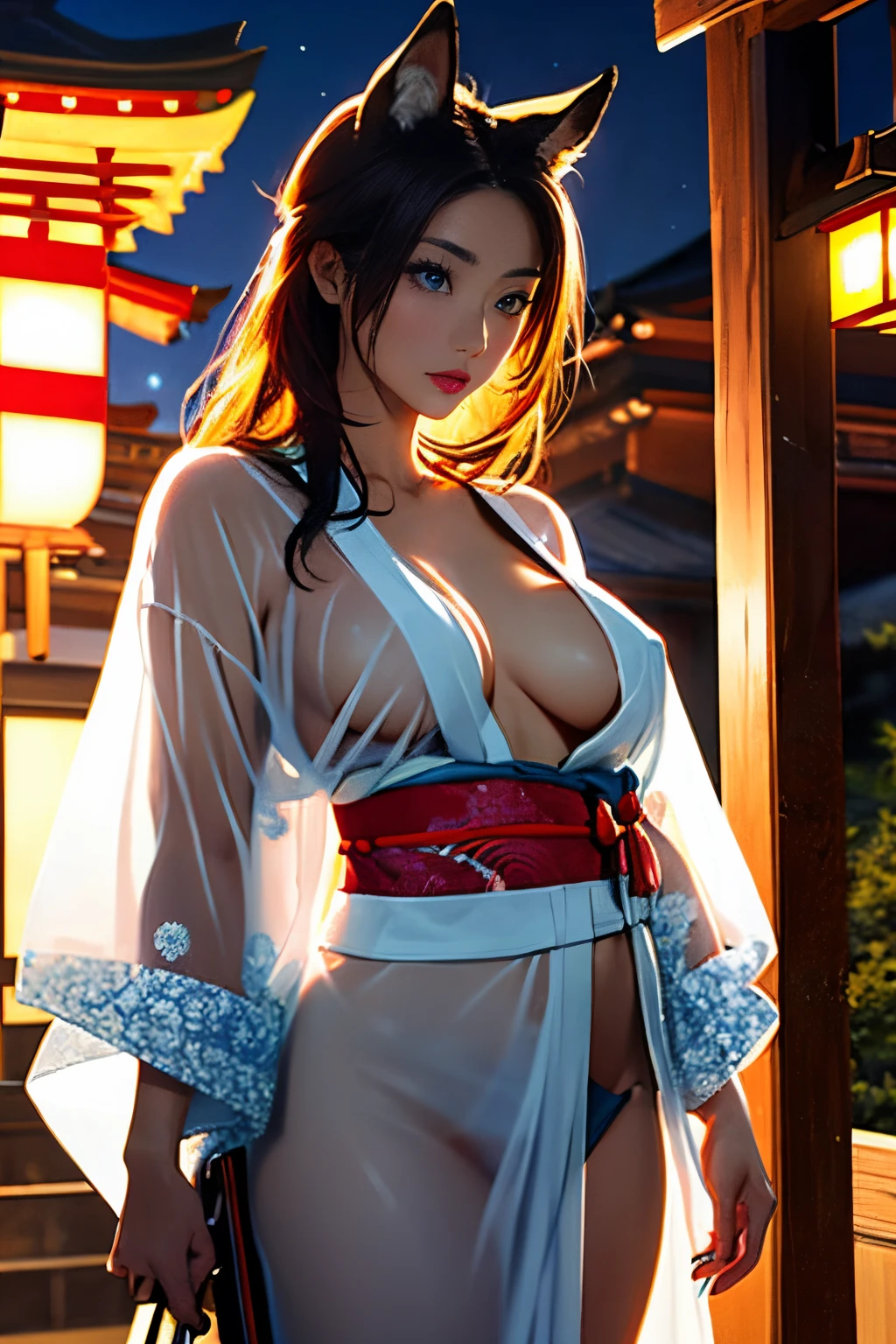 (((Looking away:1))), ((Look at another one:1)), fox incarnation、Sexy Female Warrior、Japan Yokai、Sexy fox female warrior with a Japanese sword、Fox ears、A figure holding a beautiful sword、(transparent kimono)、(Show off by wearing Japanese revealing clothes), nipples through, see-through japanese nightgown,