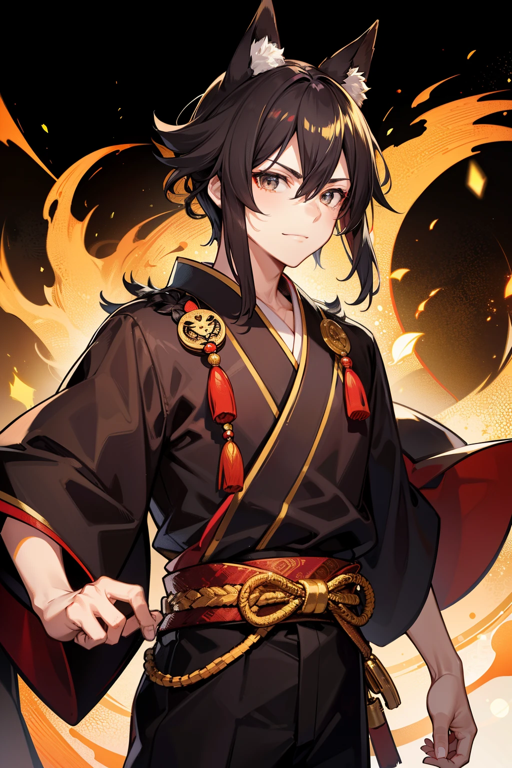 (high-quality, breathtaking),(expressive eyes, perfect face), 1boy, male, solo, young adult, black hair , gold coloured eyes, gentle smile, short length hair, loose hair, hair between eyes, japanese clothing, red shirt with a gold and black trim, black pants, brown belt, black fox ears on top of his head, wears a japanese fox mask on the side of his head, patterns on kimono, masculine face, hair covers ears, kimono