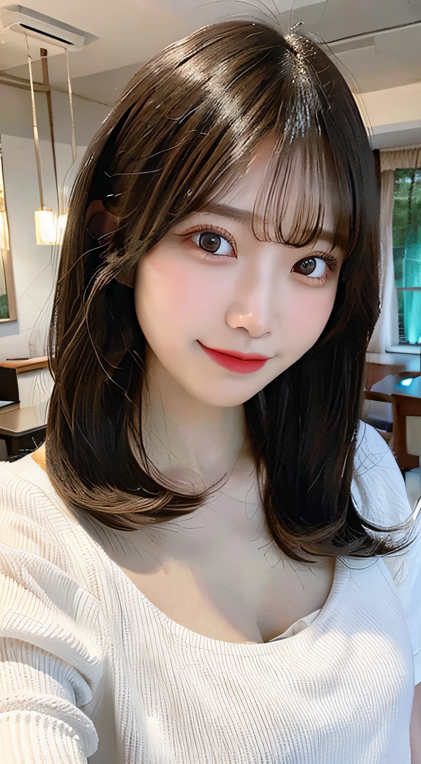 Best Quality, Real Stick, Ultra-detailed, finely detail, hight resolution, in 8K、Wallpaper, Perfect dynamic composition, Beautiful detailed eyes, white shirt, Bob Hair, Medium Hair,straight haired, Bangs,poneyTail, A dark-haired, mid-chest, The chest is open,Natural Color Lip, The orientation of the body is frontal,Smile,Tower Mansion