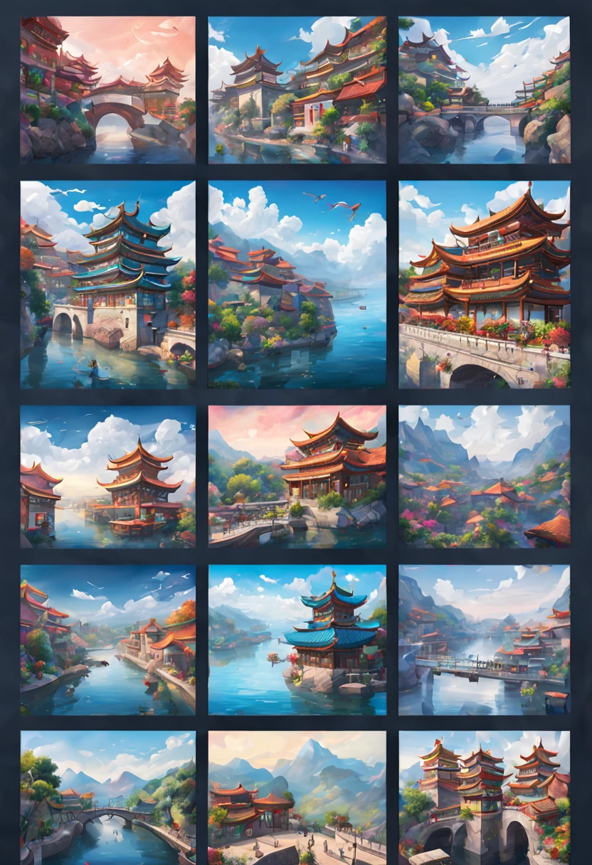9 postcards wall by ruan jia, compact, maintaining a clean and precise aesthetic, no_human, intricate, (best quality, masterpiece, Representative work, official art, Professional, unity 8k wallpaper:1.3)