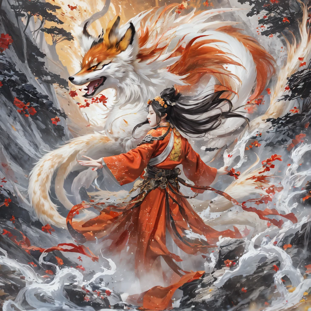 Nine-tailed fox 32K,Red and White Immortal Demon Realm, An encounter with Liu Hanshu, He saw in him his former self, It was decided to take him as an apprentice, Teach him how to protect himself, But because of the Tibetan star map, Phoenix and the Liu family、Jade Sword Sect builds relationships, Beginning with the death of Liu Hanshu, Qin Yu embarked on the road of confrontation with powerful enemies, working hard, make yourself stronger, Stick to your core path of justice, (nine tail fox)The eyes were filled with anger,The red and white nine-tailed fox clenched its fists,Rush up,Give the opponent a fatal blow,Full body lesbian,Full body nine-tailed fox male mage 32K(Masterpiece Canyon Ultra HD)fenghuang(canyons)Climb the streets, The scene of the explosion(nine tail fox), (drak), The nine-tailed fox's angry fighting stance, looking at the ground, Batik linen bandana, Chinese red and white pattern long sleeve garment, Canyon red and white nine-tailed fox(Abstract propylene splash:1.2)Red White(realistically:1.4),black color hair,Flour fluttering,rainbow background, A high resolution, the detail, RAW photos, sharp re, Nikon D850 film photo by Jefferies Lee 4 Kodak Portra 400 camera F1.6 guns, plethora of colors, Ultra-realistic and vivid textures, dramatic lights, Unreal Engine Art Station Trend, Sinest 800,Red and white elegant mist,(((Jungle Canyon)))The wounded lined up in the streets(valleys)Climb the streets,Movie Master real-time quality(tmasterpiece,k hd,hyper HD,32K) (Linen batik scarf), Fighting posture, looking at the ground, Linen bandana, Chinese nine-tailed fox pattern long-sleeved garment, Nine-tailed fox in the morning(Abstract gouache splash:1.2), Dark clouds lightning background,sprinkling