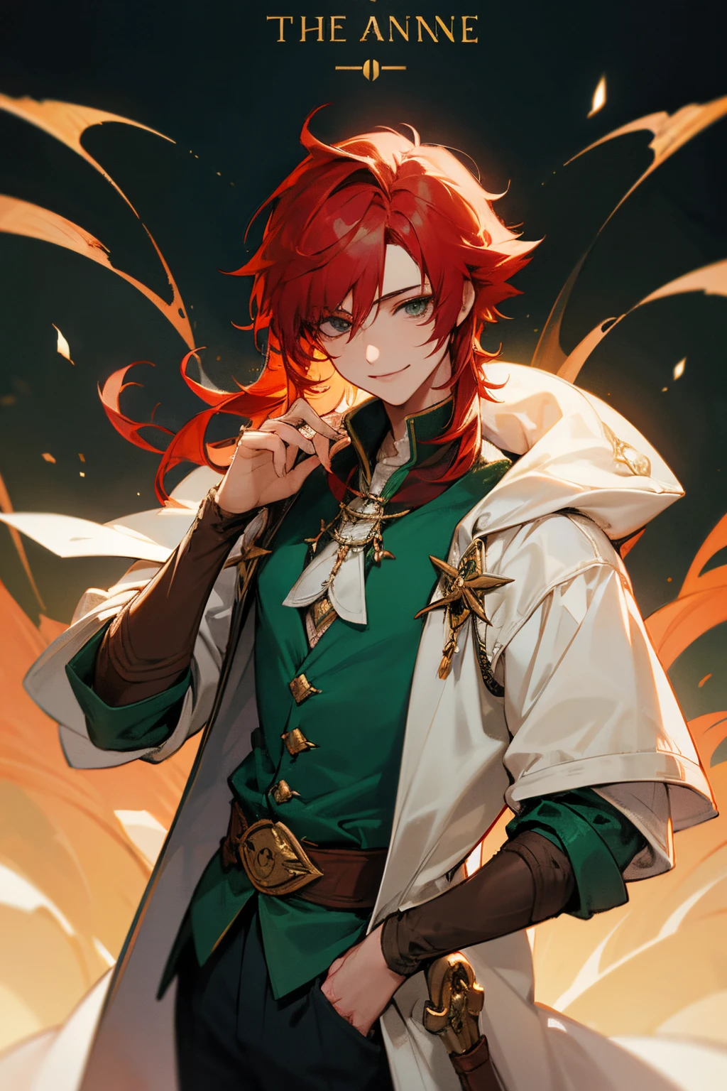 The hair stands up, Final Fantasy, Bard ,young male, red hair, Emerald eyes, Fantasy, handsome ,Talk a lot, Middle Ages, very shot hair, white jacket ,smile