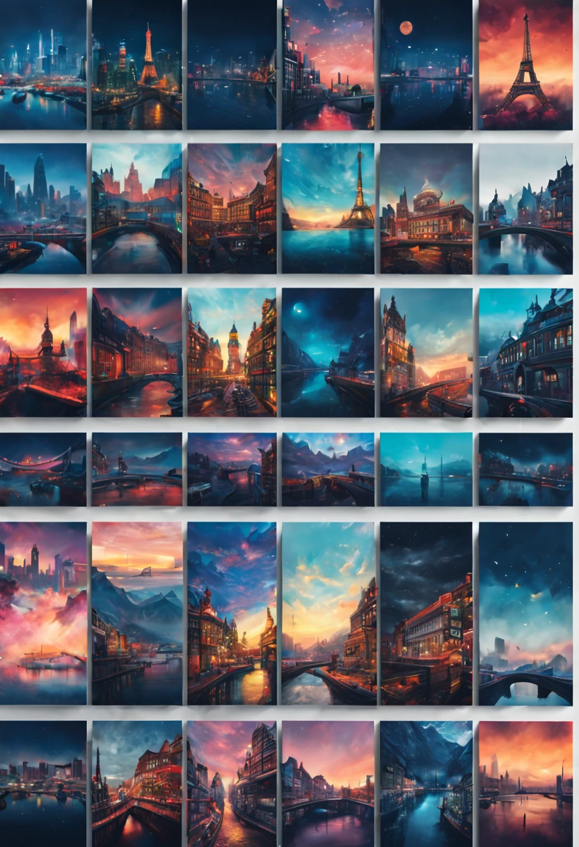 9 postcards wall by Greg Girard, compact, maintaining a clean and precise aesthetic, no_human, intricate, (best quality, masterpiece, Representative work, official art, Professional, unity 8k wallpaper:1.3)