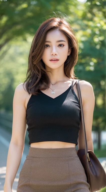 ((Mid-breasted, Tomboy, Small head)), Dawn, sunlight, (Trained abdominal muscles: 1.1), (Perfect body: 1.1), (Long Wavy Hair: 1.2), Reddish brown hair, collar, Lock, Full Body Shot, Crowded street, Black Tank Top, (((mini skirt)), (Highly detailed CG 8k wallpaper), (Very delicate and beautiful), (masterpiece), (highest quality: 1.0), (ultra High resolution: 1.0), Beautiful lighting, Perfect Lightning, Realistic Shadows, [High resolution], Detailed skin, Super detailed, smile,