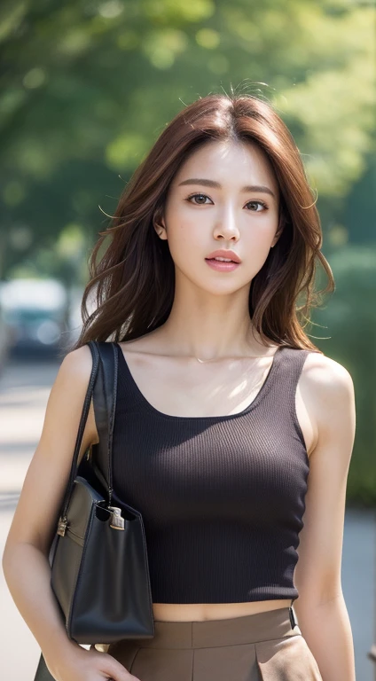 ((Realistic lighting, 8K, Masterpiece: 1.3)), Sharp: 1.2, Perfect Body Beauty: 1.4, Slim Abs: 1.1, (( dark brown hair, mid neck length)), Highly detailed face and skin texture, super fine face, fine eyes, double eyelids, hip skirt, shoulder bag, outdoor, park, woods, road