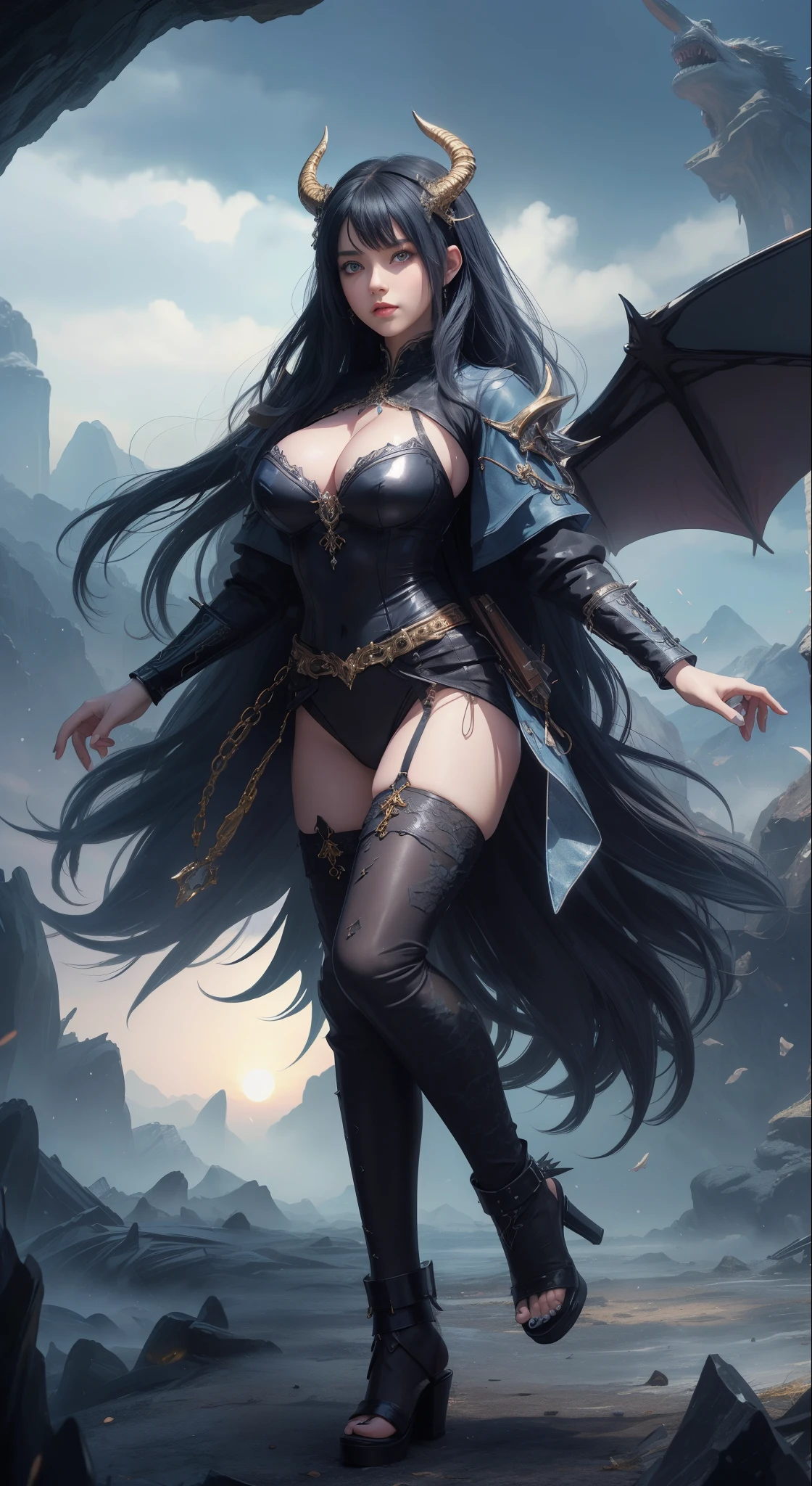 tmasterpiece,Highest image quality,Beautiful full body portrait of the noble dragon girl,Exquisite blue-black hairstyle,Clear golden eyes,Decorated with a series of dragon horns,White studded leather jacket,blackstockings,huge dragon wings,cave cave,blackstockings,heeled sandals,Ultra-detailed details,advanced。At the Pixiv Art Station,Break your own power,Luigi,Big breasts exposing cleavage,R-18G