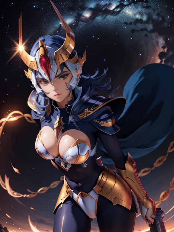 obra-prima, melhor qualidade, ultra alta res, bikini type armor, (fotorrealista: 1.4), alta resolução, foto crua, 1 menina, pele brilhante, (pele de detalhe: 1.2), best ilumination, brilho, armadura mecha, lighting dramatic, dinamic pose, (fundo do templo grego: 1.1), (noite: 1.2), (night sky), cosmos, milky ways, armadura dourada, (decote), Phoenix_Ikki, (peito grande), (capacete: 1.2), pele bronzeada, cabelo preto, (prata peito guarda: 1.3), seios enormes, camisa azul, vulkan, lava, serious face