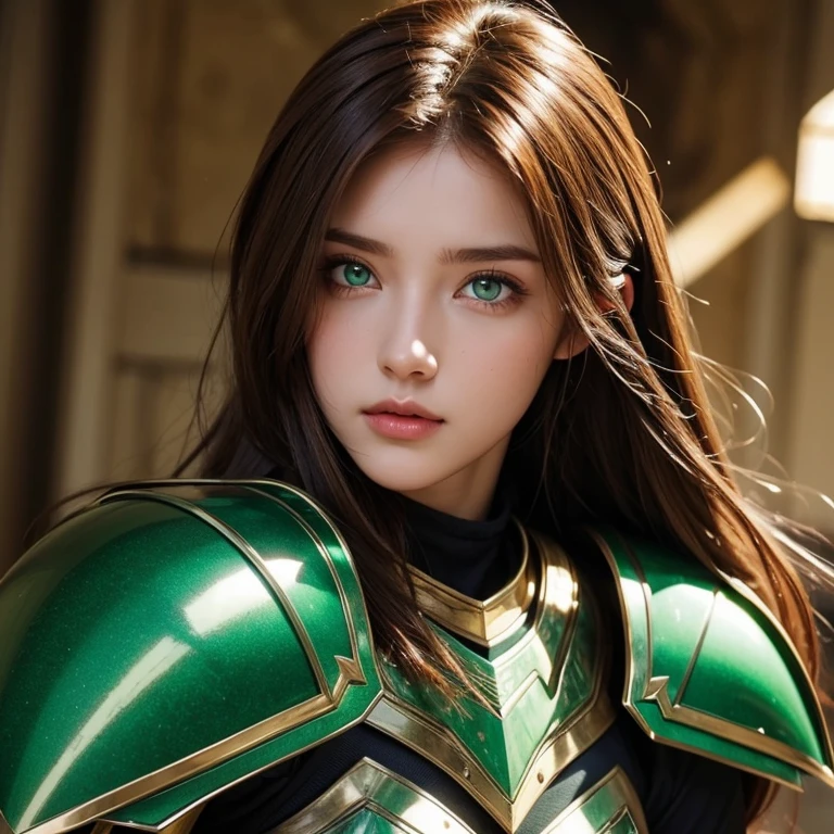 Hot girl with emerald green eyes and light brown hair wearing armor.
