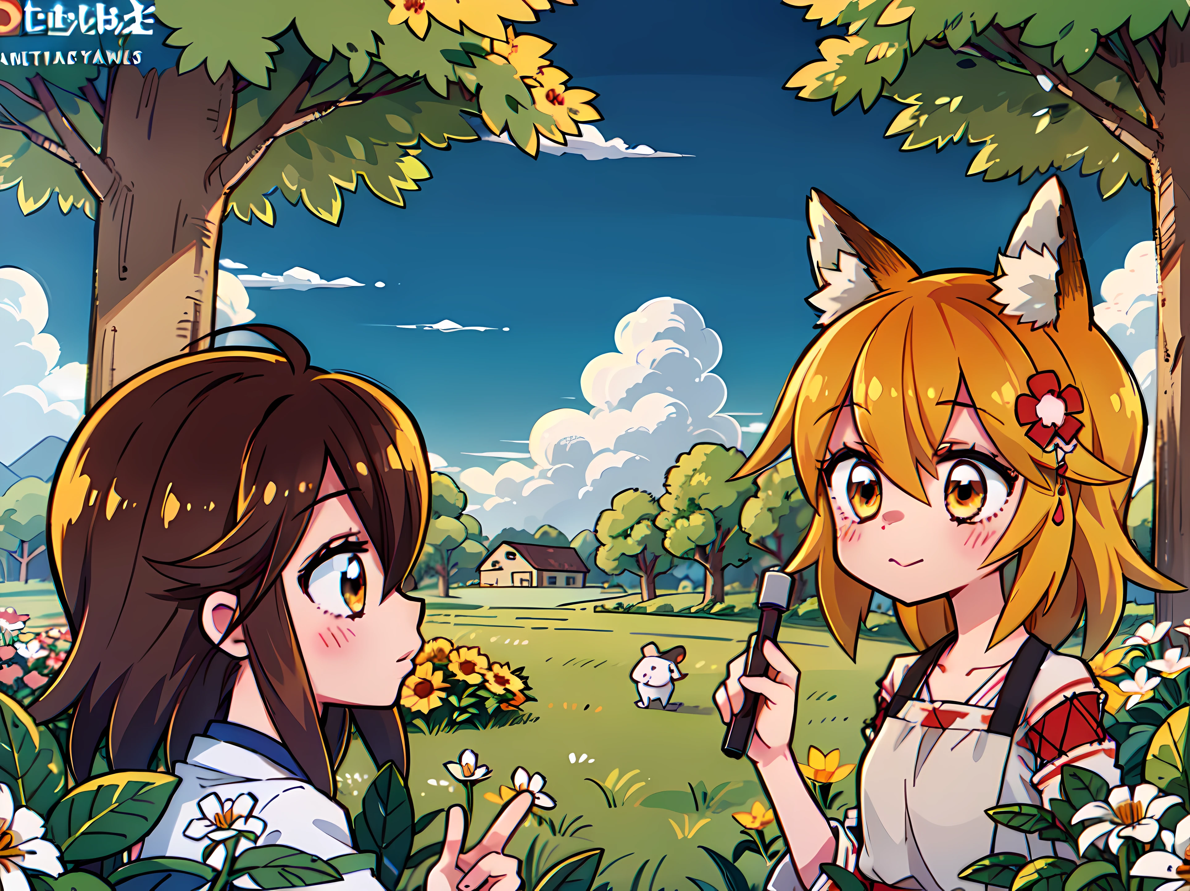 A girl, Fox ears, field, Orange flowers. Super detailed, Detailed ears, Detail Eyes, Girls 4K, Detailed flowers, beautiful clouds, detailed blocks, Beautiful trees, trees in the background, Detailed trees, Girl close-up, body