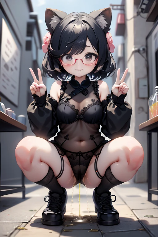 (On a table, Best quality at best),1 girl in, Shoulder-length black hair, Eyes are brown,Black glasses,Bloom is a little embarrassed、Looks pleased,it feels good、A sense of openness、looks like you'floor plan about ,tearful,Eyes are brown,Cute big breasts,the street,Black shoes,Hands raising peace sign,When looking through my little things, ,Less crotch、Female genitalia are fully visible, Underwear that is too thin can penetrate genitals that are too small,that tree,see through lingerie,城市 ,Back alley, Huang Li, A high resolution, Super sharp, 8K, elementary school girl,独奏、kids big boobs、vaginal thrust、transparent pink open ,toddlers、small stature,kids big boobs,Bare-chested,opening the genitals, Affectionately、 Another close-up,squatting pose,M-shaped legs,during masturbation,looking at viewert,Female genital urination,Pee a lot,i pee,show off your pee,need: Squat down and spread your legs as wide as possible,show off one's face,Detailed clean cracks,NSFW,Sexual sexual toy,titmouse,pussy juice,orgy,After sexual ,((Covered in white liquid)),shaking
