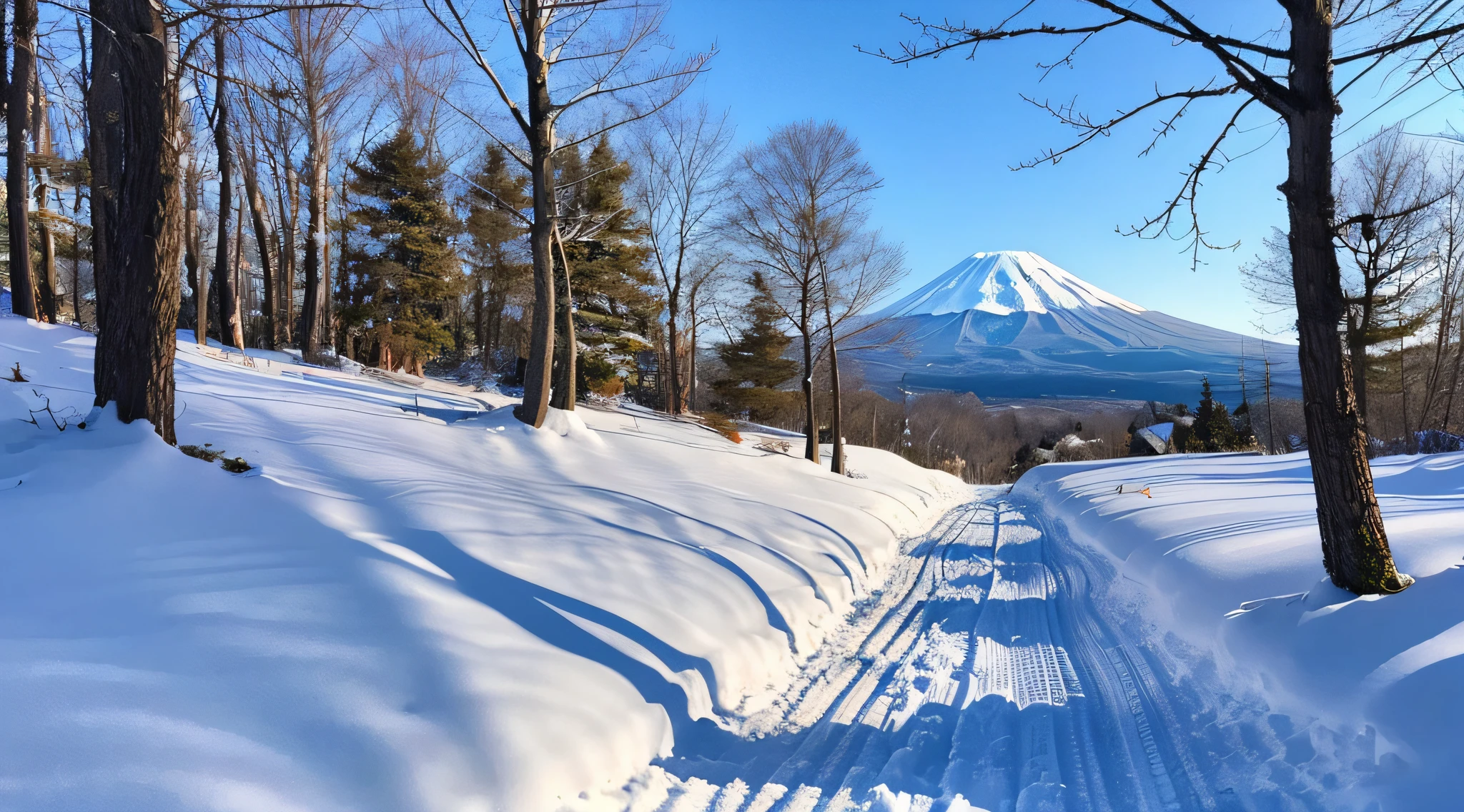Winters、snow is piling up on the ground、mountain-like mountain.Fuji1One、blue-sky、suns、the woods