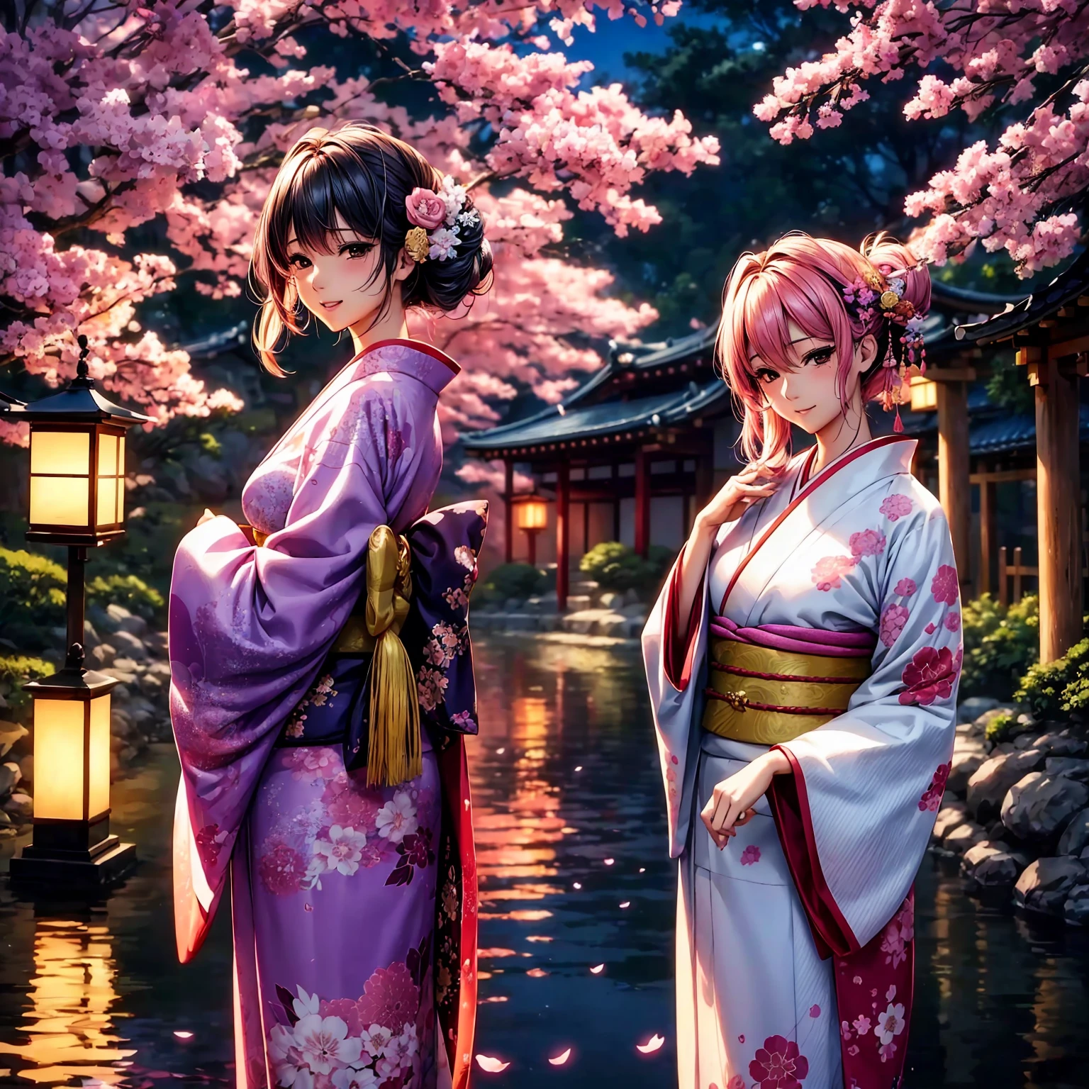 (top-quality、masterpiece、very high res、超A high resolution,High resolution details 1.5)、A woman of perfect and ultimate beauty(18 years old 1.5)、Realistic portraits、Beautiful breasts with a slender body shape(F Cup 1.5)、Beautiful body、美丽的面容、large pink,Beautiful hair、Japan hair ornament,Realistic textured skin and、Wearing a beautiful Japanese kimono、Kimono has colors and patterns..、Kimono sleeves and obi are long,arms outstretched,Shoulders exposed from kimono,I can see the cleavage,Bright smile、Hair flutters under the influence of the wind、The sleeves and obi of the kimono flutter in the wind..,Lively,Japanese garden with beautiful cherry blossoms at night、Mysterious night sky、lantern light,Beautiful Landscapes、(accurate detail、the detailed images、Accurate images、Perfect Image 1.5)、、beautiful anime woman, Beautiful Art Style, an animated character、The whole picture、Detailed picture、accurate anatomy、Defect-free images、natural soft light、beautiful image、extremely detailed picture、(Best Shot 1.2)