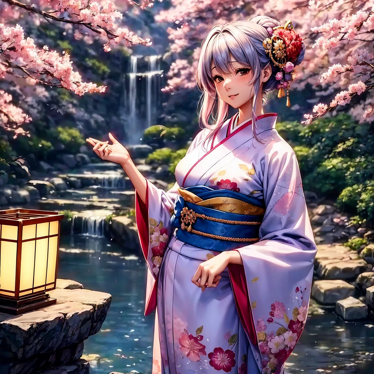 (top-quality、masterpiece、very high res、超A high resolution,High resolution details 1.5)、A woman of perfect and ultimate beauty(18 years old 1.5)、Realistic portraits、Beautiful breasts with a slender body shape(F Cup 1.5)、Beautiful body、美丽的面容、large pink,Beautiful hair、Japan hair ornament,Realistic textured skin and、Wearing a beautiful Japanese kimono、Kimono has colors and patterns..、Kimono sleeves and obi are long,arms outstretched,Shoulders exposed from kimono,I can see the cleavage,Bright smile、Hair flutters under the influence of the wind、The sleeves and obi of the kimono flutter in the wind..,Lively,Japanese garden with beautiful cherry blossoms at night、Mysterious night sky、lantern light,Beautiful Landscapes、(accurate detail、the detailed images、Accurate images、Perfect Image 1.5)、、beautiful anime woman, Beautiful Art Style, an animated character、The whole picture、Detailed picture、accurate anatomy、Defect-free images、natural soft light、beautiful image、extremely detailed picture、(Best Shot 1.2)