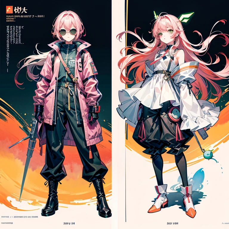 petite girl, robot horse,Type sheet, Character Sheets, Three types,Shot Full Body,Game Character Design,than a little flying moon,Girl in sunglasses and beans,Victorizo ∨TSE∨,Orange background, Stylistic expression, inspired by Alphonse Mucha, A lot of style, flat shading flies, Abstract art, neon colors, neon green, baggy clothes, ,windproof boots,baggy trousers, official arts, Line chart sketch, symbol-shaped pupils,luna. bouquet, Separating elements), watercolour,illustartion,Realistic,Harmonious colours,natural lighting, vine、cowboy shot, , Sleeves, Trimmed with ribbons,Detailed Face, pink hair, green color
