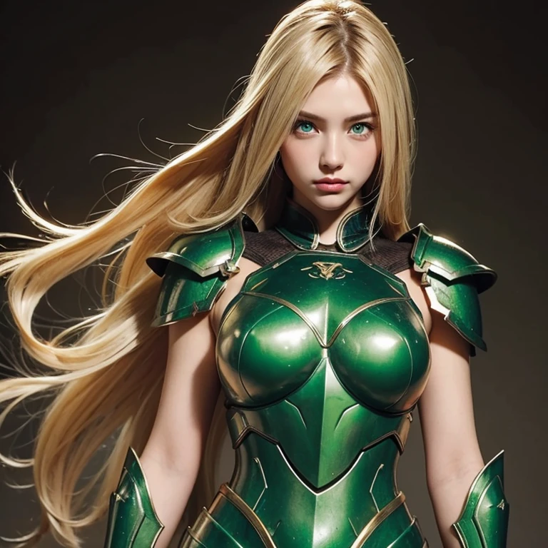 Hot girl with emerald green eyes and dirty blonde hair wearing armor.