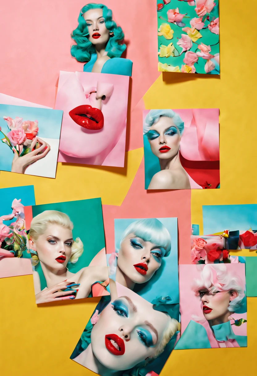 9 postcards wall by Miles Aldridge, compact, maintaining a clean and precise aesthetic, no_human, intricate, (best quality, masterpiece, Representative work, official art, Professional, unity 8k wallpaper:1.3)