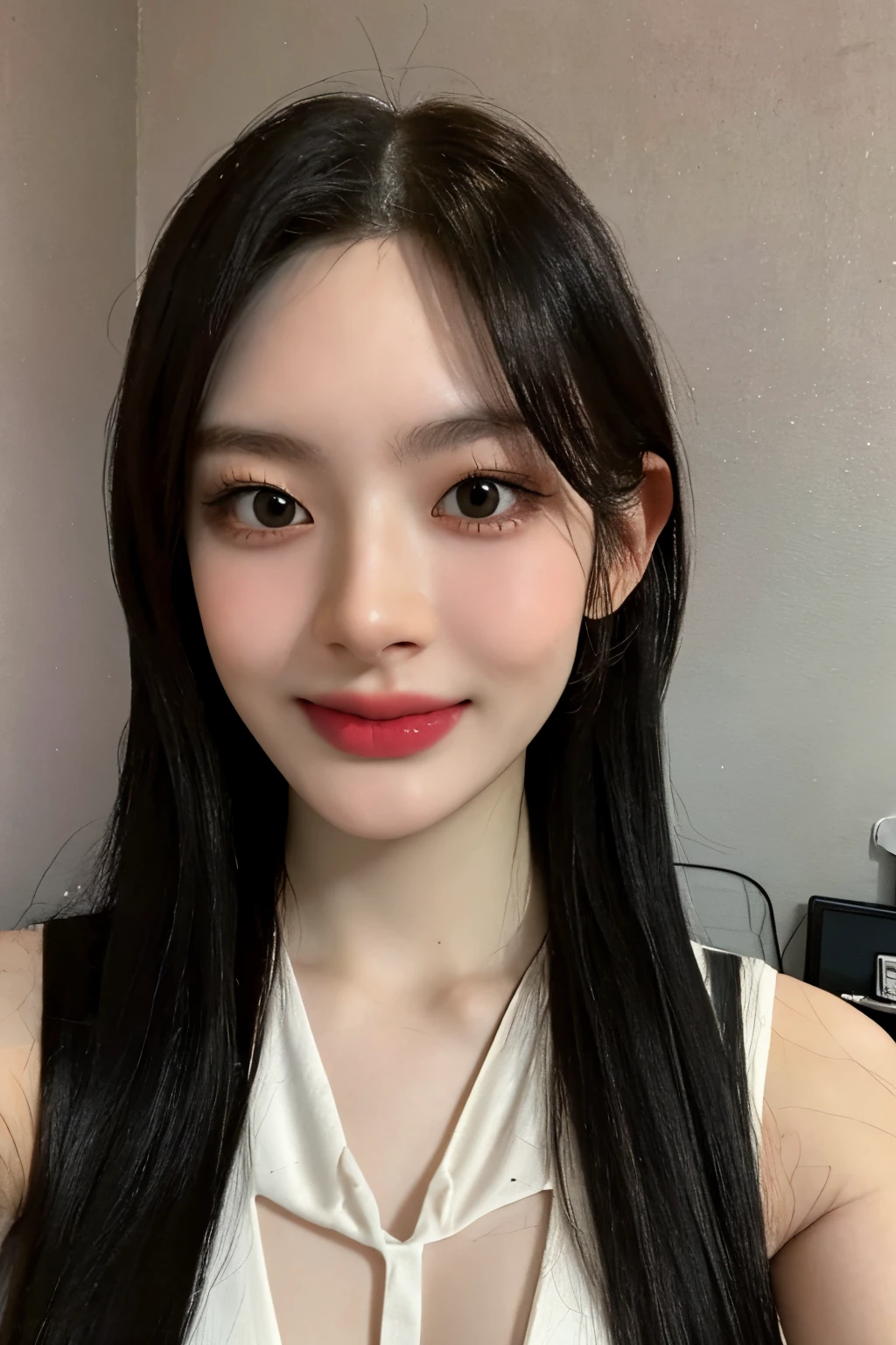 1girl,(masterpiece:1.2), (best quality:1.2), (extremely detailed), cleavage, selfie from front, (extremely detailed face), ultra-detailed eyes and pupils, broad shoulder, (ultra detailed), 8k, photorealistic, pretty face, smile, instagram shot, instagram style, in the bedroom, looking at viewer, facing front, smiling, perfect skin, cinematic lighting, fair skin, black hair, black eyes, portrait photo, slender, no makeup, nikon RAW photo, 8k ,Fujifilm XT3, photorealistic, detailed face, fair skin, perfect shape, slim face, indoors, white lighting on face, sleeveless, realistic marks on skin (looking at viewer:1.2),