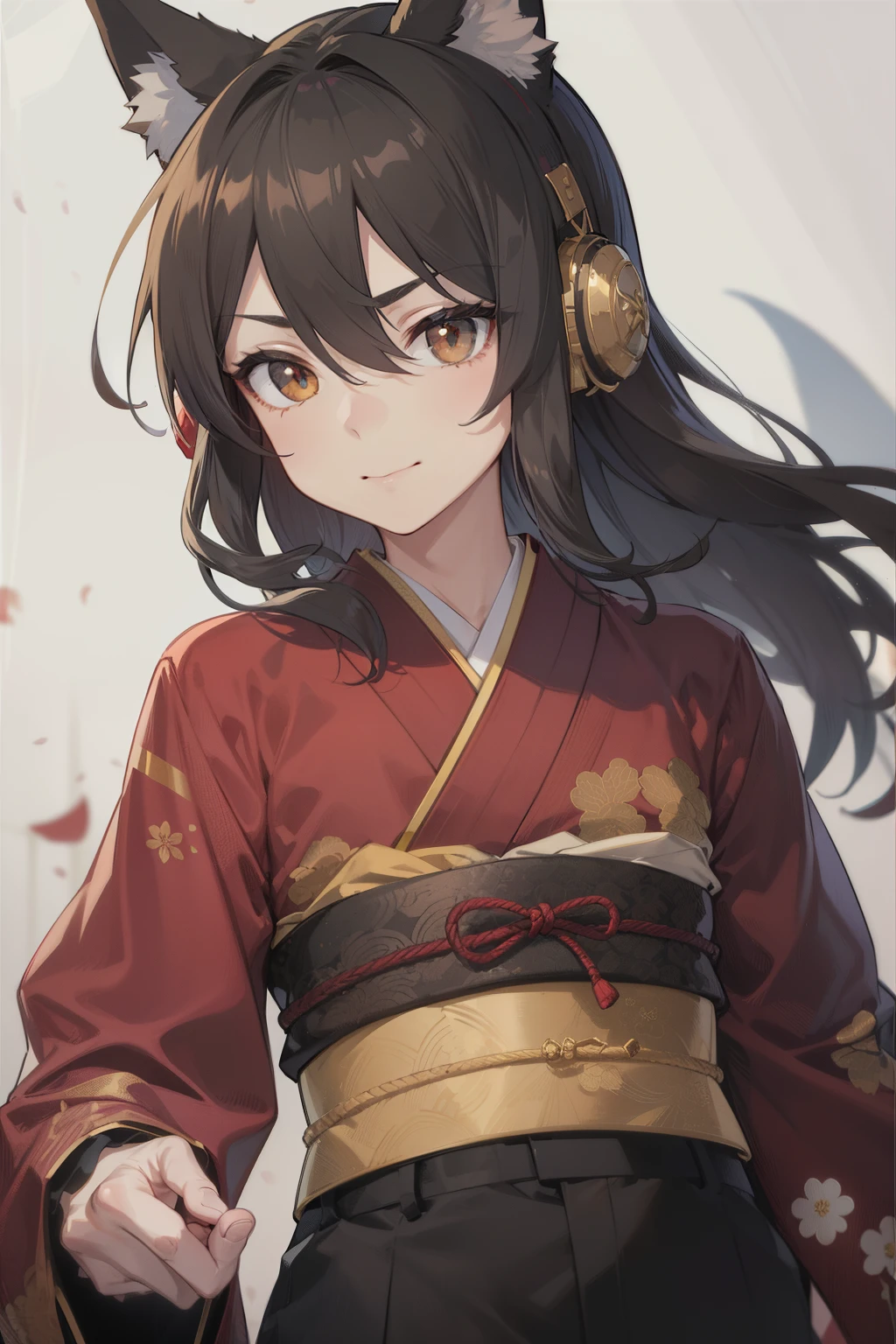 (high-quality, breathtaking),(expressive eyes, perfect face), 1boy, male, solo, young adult, black hair , gold coloured eyes, gentle smile, medium length hair, loose hair, hair between eyes, japanese clothing, red shirt with a gold and black trim, black pants, brown belt, black fox ears on top of his head, patterns on kimono, masculine face, hair covers ears