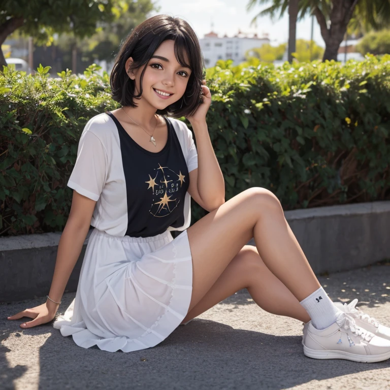 hemosa chica adolesente , , chica con piel morena una mujer joven con cabello corto negro , cabello corto hasta los hombros, ojos verdes, pelo corto hasta los hombros, ella esta sola en la plaza, Es de noche, pevas en mejillas , usa una playera blanca de manga corta con imagen de estrella, plauera blanca con imahen de estrella , falda negra , linda falda negra , calcetas blancas , tenis verdes , linda sonrisa , maquillaje ,con una gran cantidad de detalles, Best Cinematography, obra maestra, luz cinematografica, sonriente, feliz, cuerpo completo , fuera de escuela