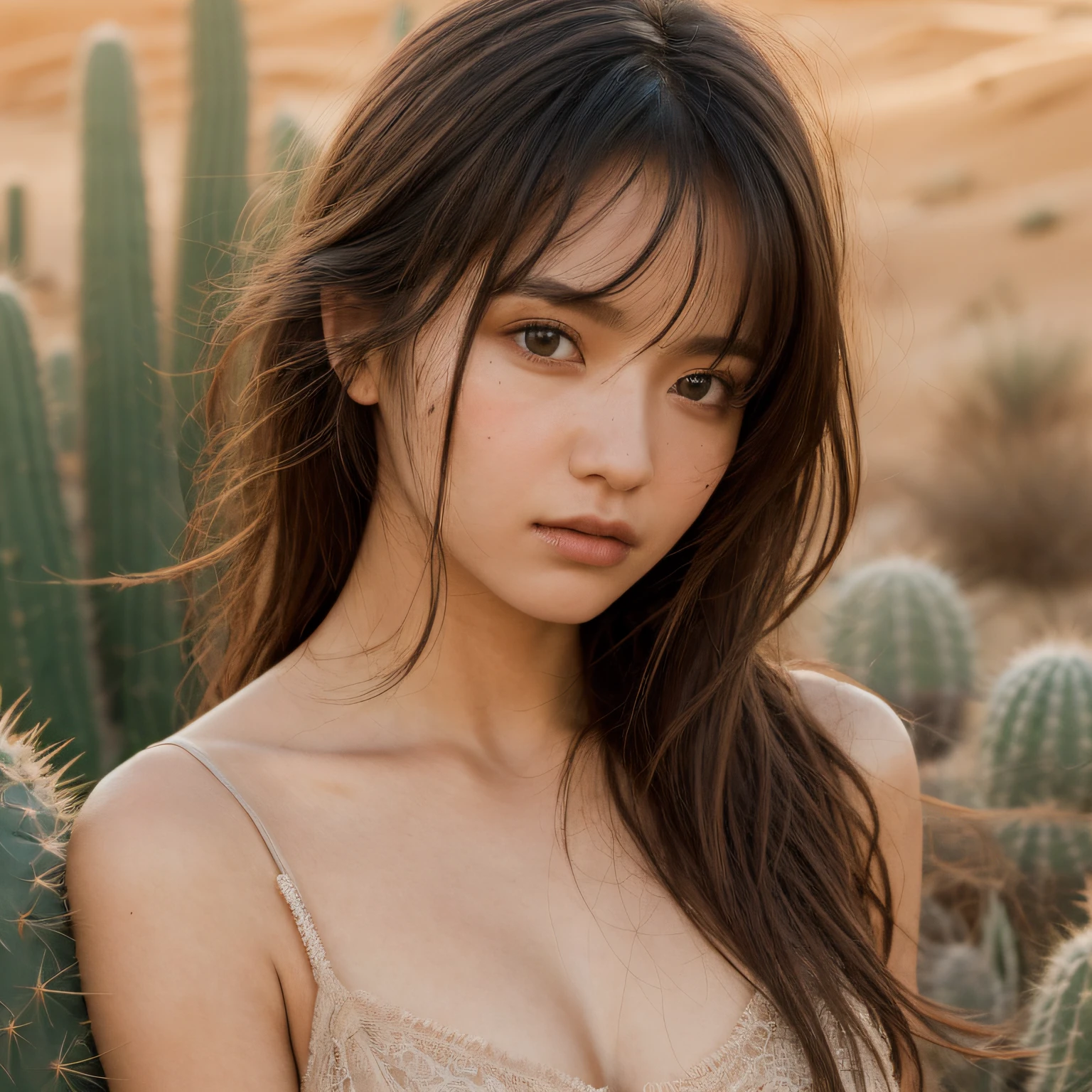 ((of the highest quality)),((masutepiece)),((Very beautiful)), unique light and shadow, One girl, hair messy, Realistic skin texture, rugged desert, cacti, Feminine pose