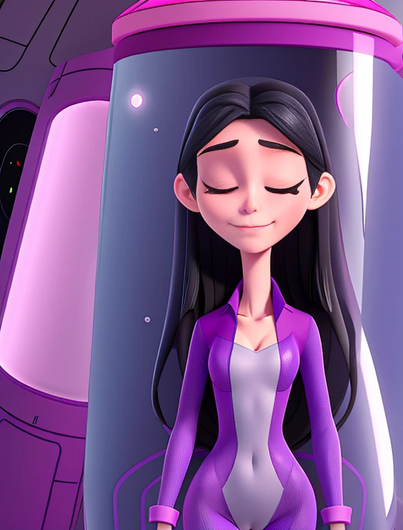 2d anorexic cartoon woman, she has a long neck, she has long black hair.mature. she wears a purple v-neck skin tight body suit. She is inside a stasis pod capsule in space. She is asleep with her eyes closed