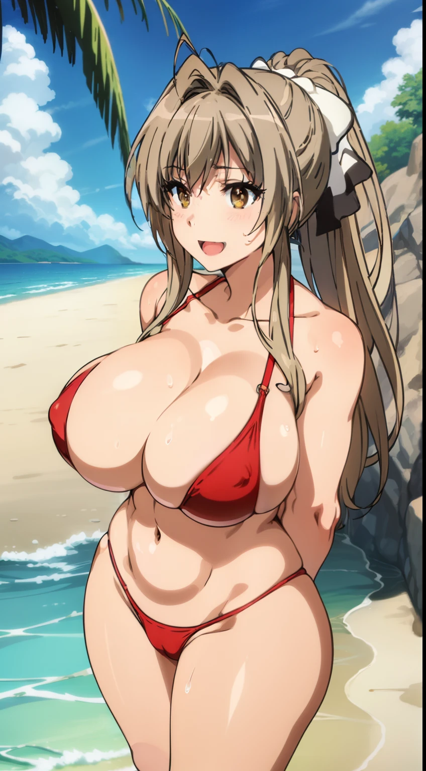 Open mouth, A MILF,Huge breasts,cleavage,wide hips,Ponytail,Brown hair,Brown eyes,Solo,micro red bikini,resort beach,Smile,Shiny body,,Wet body,sweat body,hair ornament,nipple,nude,