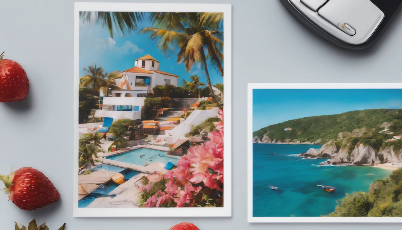 (masterpiece, best quality), a photo of a postcard on a desk, island holiday postcard, vibrant, clean lines, natural lighting