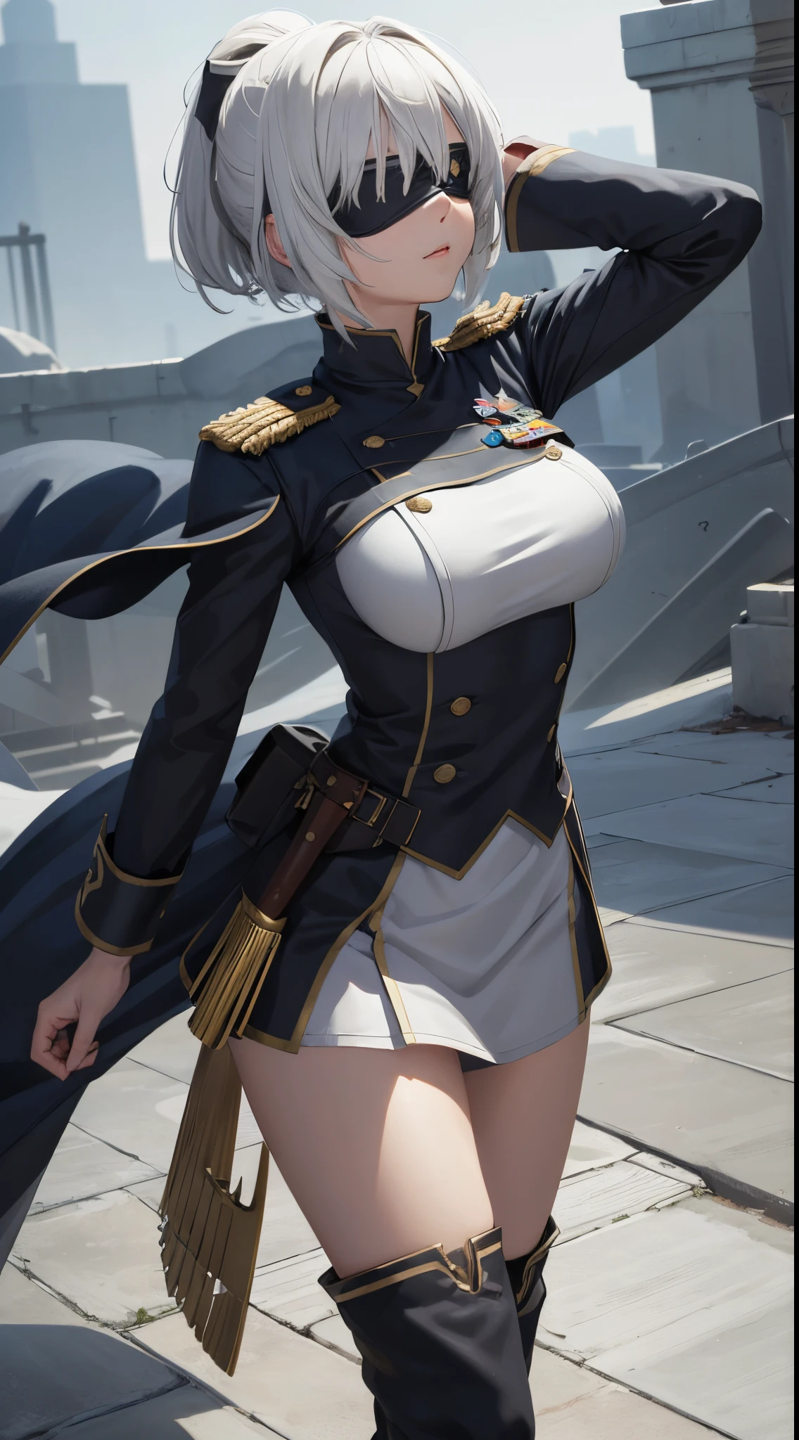 (extremely detailed CG unity 8k wallpaper), (masterpiece), (best quality), (ultra-detailed), (best illustration), (best shadow), (absurdres), 2b, 1girl, short hair, short ponytail, normal size boobs, white hair, blindfold solo, Intimidating women, admiral uniform, night, hero pose, white clothes, General Uniform, Military Uniform, Sunlight, exposed to sunlight,commander, cape, fighting, ((beautiful fantasy girl)), (Master Part: 1.2), Best Quality, High Resolution, photorealestic, photogenic, Unity 8k壁纸, perfect lighting, (perfect arms, perfect anatomy) beatiful face, intricate details, Detalhes realistas, the anime, The Perfect Girl, perfect details, Ultra HD |, 8K, Professional photo