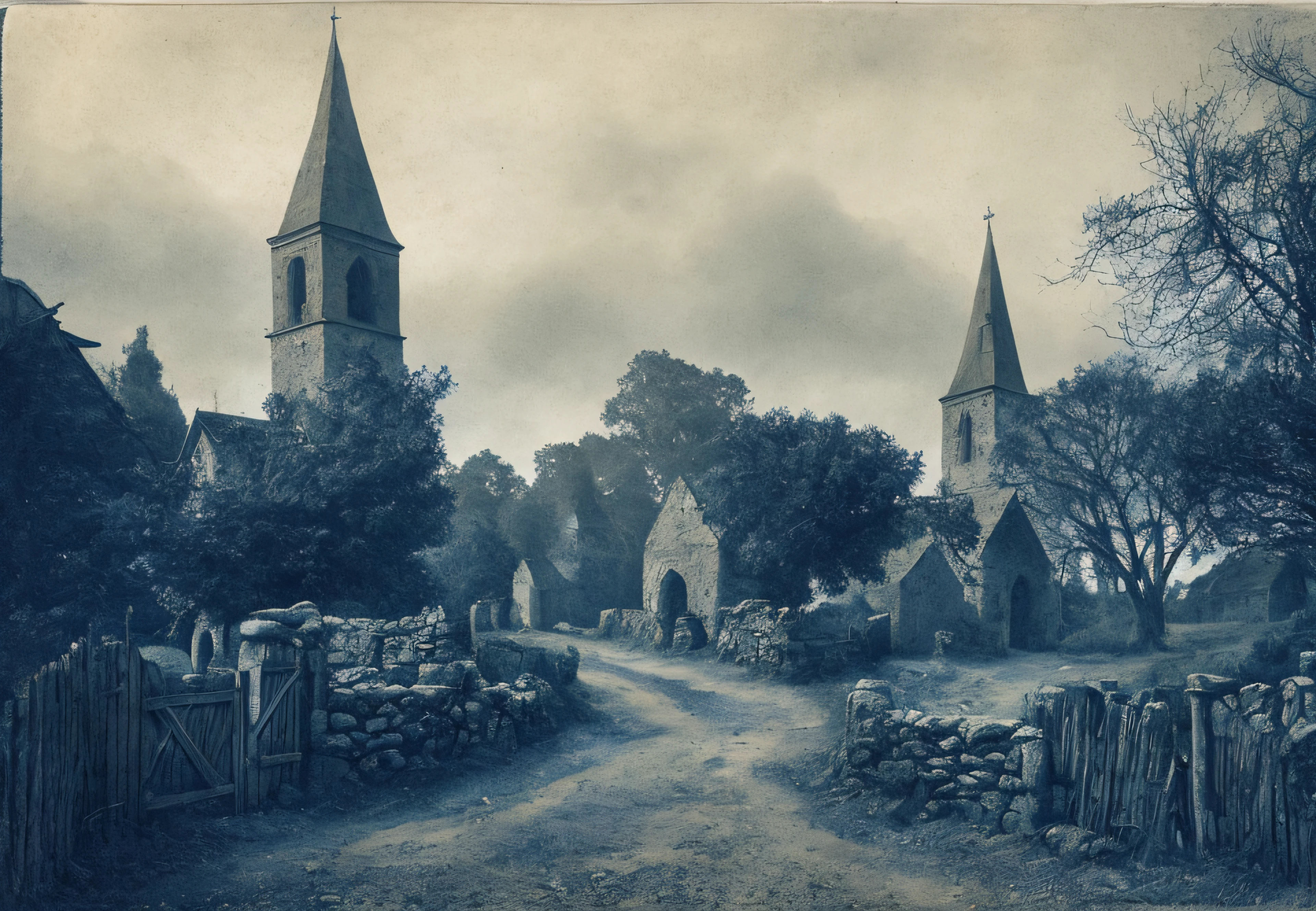 arafed image of a dirt road with a stone fence and a church in the background, cyanotype, grainy risograph matte painting, photogravure, near a stone gate, inspired by Thomas Frederick Worrall, inspired by David Octavius Hill, inspired by Samuel Prout, inspired by Lee Madgwick, etching, sarah cliff