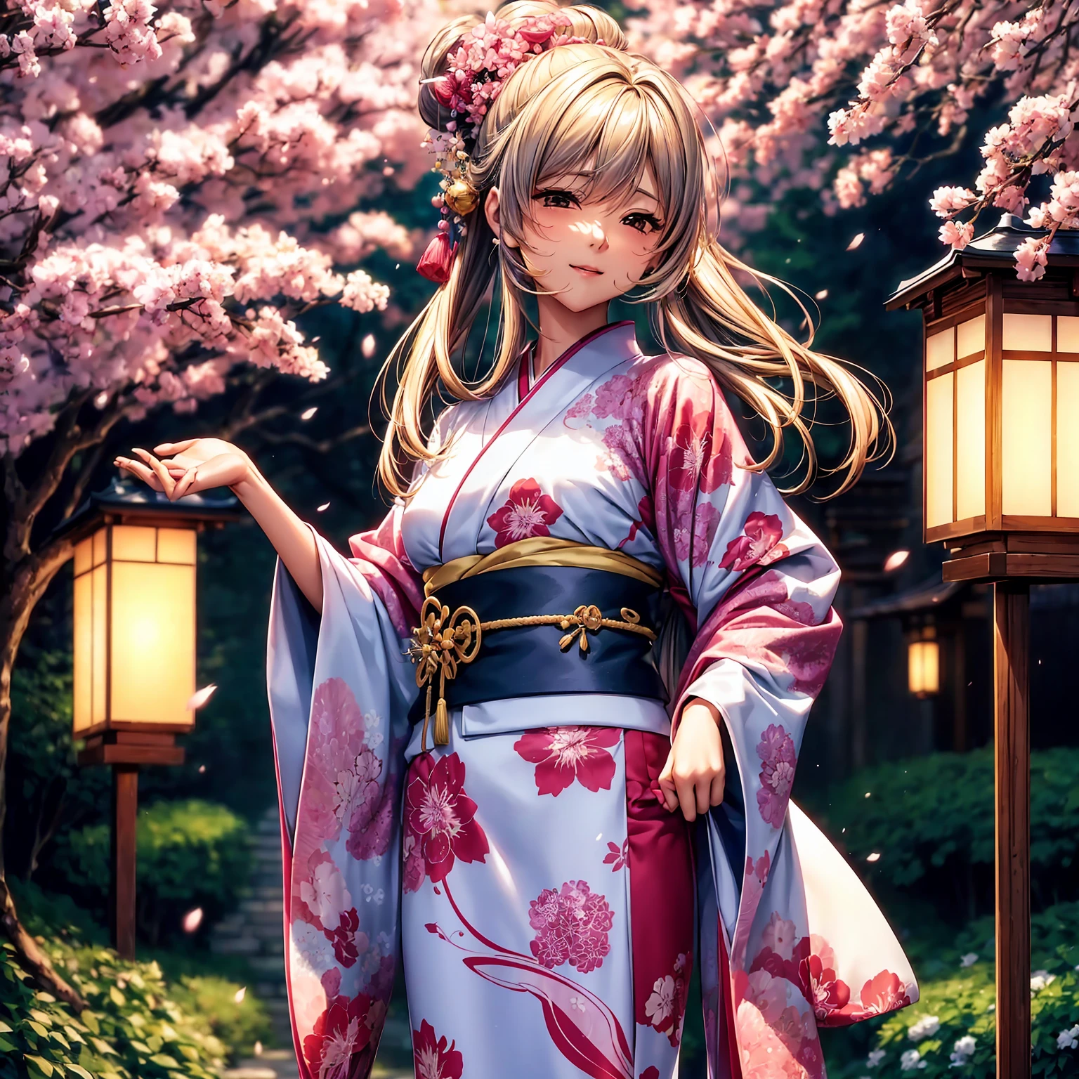 (top-quality、masterpiece、very high res、超A high resolution,High resolution details 1.5)、A woman of perfect and ultimate beauty(18 years old 1.5)、Realistic portraits、Beautiful breasts with a slender body shape(F Cup 1.5)、Beautiful body、美丽的面容、large pink,Long hair,Beautiful hair、Japan hair ornament,Realistic textured skin and、Wearing a beautiful Japanese kimono、Kimono has colors and patterns...、Kimono sleeves and obi are long,Arms outstretched,Exposed shoulders from kimono,I can see the cleavage,Bright smile、Hair flutters under the influence of the wind、The sleeves and obi of the kimono flutter in the wind...,Lively,Japanese garden with beautiful cherry blossoms at night、Mysterious night sky、Lantern light,Beautiful Landscapes、(accurate detail、the detailed images、Accurate images、Perfect Image 1.5)、、beautiful anime woman, Beautiful Art Style, an animated character、The whole picture、Detailed picture、accurate anatomy、Defect-free images、natural soft light、beautiful image、extremely detailed picture、(Best Shot 1.2)