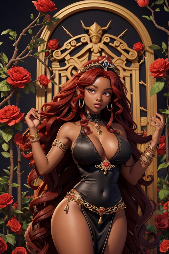 a goddess with red curly hair, ebony skin, young black goddess, curly hair with big breasts and big thighs and black dress, goddess from Greek mythology, with a black crown with thorns, sensual goddess, red hair, in a garden with skulls and flowers, goddess of spring, queen of the underworld, persephone