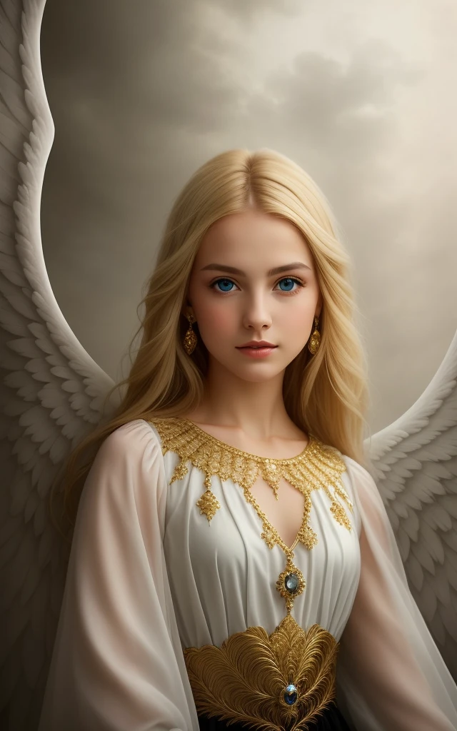 Blonde angel with blue eyes and golden gemstones, Portrait of a beautiful angel, beautiful angel girl portrait, Beautiful Angel, a beautiful female angel, of an beautiful angel girl, of beautiful angel, Angel Girl, Girl with angel wings, Angelic face, beautiful angelic wings, winged girl angel, Angelic, beautiful fantasy art portrait, Angel, Fine, detailed angelic face, a stunning young ethereal figure