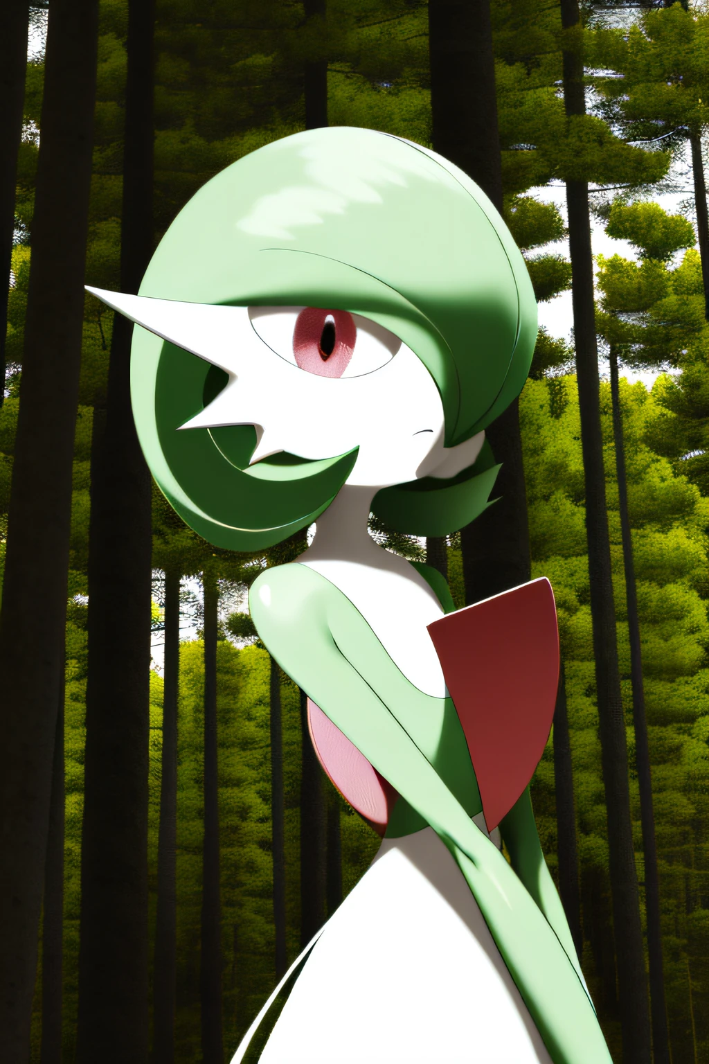 Obra maestra, mejor_Quality, 1girl, solamente, Guardia, vestido blanco, Criaturas \(Company\), Monstruo del juego, Nintendo, Pokémon, Pokémon \(juego\), flequillo, piel coloreada, Enfoque masculino, pecho plano, Pokémon Gen 3, cabello verde, piel verde, Pelo sobre un ojo, piel multicolor, Pokémon \(criatura\), ojos rojos, pelo corto, Piel de dos tonos, piel blanca, cabeza inclinada, ceja levantada, Fondo del bosque, Mirando al espectador, confused expression