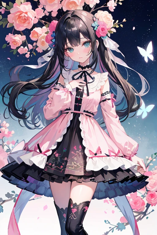 Her hair is flowers, intricate detailes, An ultra-fine illustrations, Beautifully painted, Whole body, Girls Front, Eyelashes, Head tilt, neat figure, 1 girl, Young girls, Black Long Straight, Parted bangs, Beautiful and detailed rune tails, Detailed black hair, Cute anime face, embarrassed, lovely big eyes, Perfect hands, flat chest, zettai ryouiki, grey  eyes, Hair and clothes are flowers, Neck ribbon, Beautiful detailed flowers, Dress with flowers, knee boots, Floral print cloth, Pink clothes, Clear and turquoise sky, Flying butterfly, hyper quality, Wallpaper 8k CG, best qualtiy,)