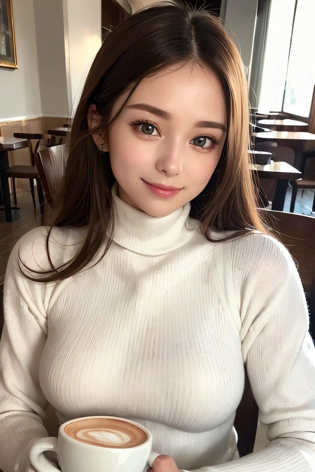 ((best quality, 8K, masterpiece)), ultra detailed, sharp focus, 1 beautiful woman, ((white turtleneck sweater)), sitting on chair, ((cup of cafe latte)), highly detailed face and skin texture, ((detailed eyes)), ((beautiful eyes:1.2)), (smile:1.15), (closed mouth), cafe