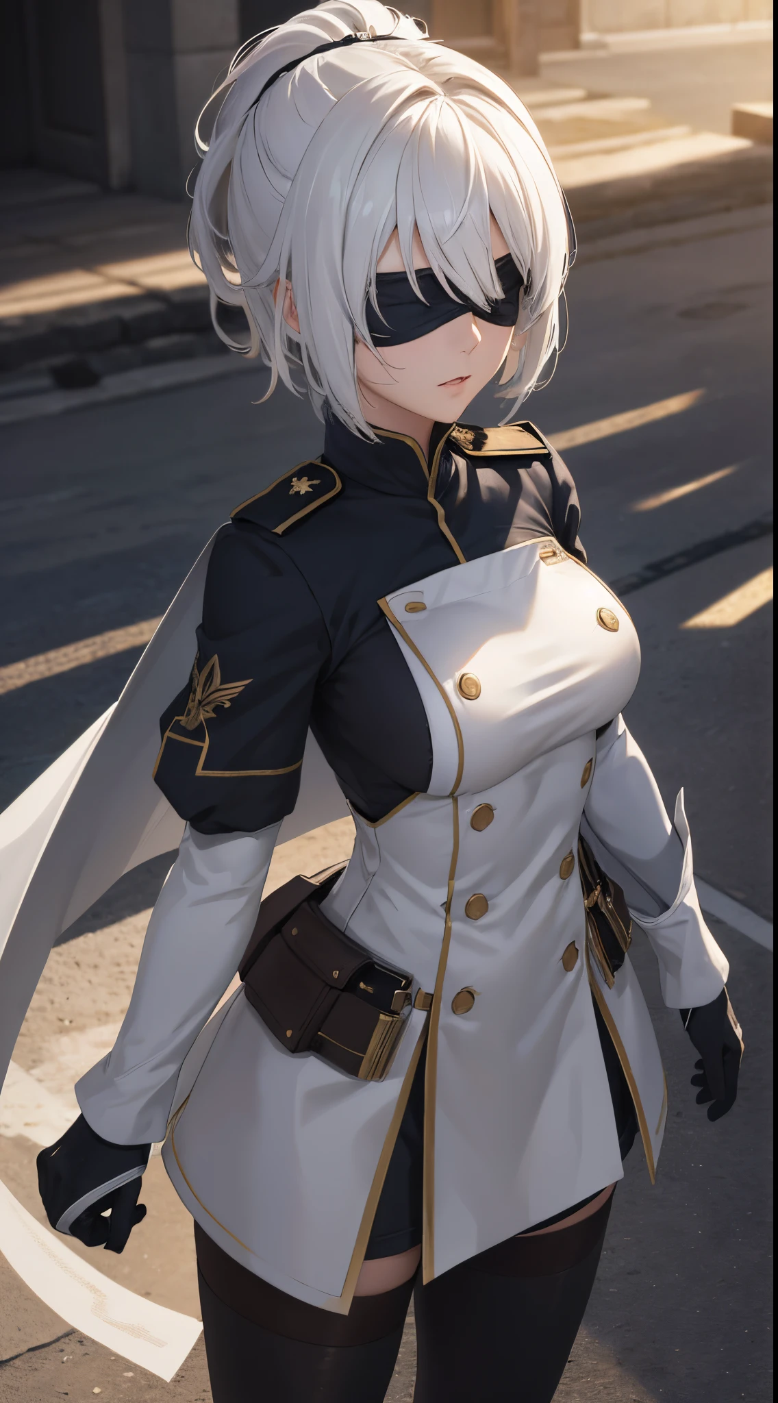 (extremely detailed CG unity 8k wallpaper), (masterpiece), (best quality), (ultra-detailed), (best illustration), (best shadow), (absurdres), 2b, 1girl, short hair, short ponytail, normal size boobs, white hair, blindfold solo, Intimidating women, admiral uniform, night, hero pose, white clothes, General Uniform, Military Uniform, Sunlight, exposed to sunlight,commander, cape, fighting, ((beautiful fantasy girl)), (Master Part: 1.2), Best Quality, High Resolution, photorealestic, photogenic, Unity 8k壁纸, perfect lighting, (perfect arms, perfect anatomy) beatiful face, intricate details, Detalhes realistas, the anime, The Perfect Girl, perfect details, Ultra HD |, 8K, Professional photo