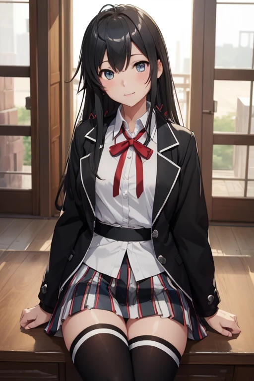 (​masterpiece、top-quality: 1.2)、Cowboy Shots、独奏、One Girl、yukinoshita yukino、a smile、a closed mouth、looking at viewert、student clothes、Black jacket、Plaid skirt、thigh-high socks、Black pantyhose