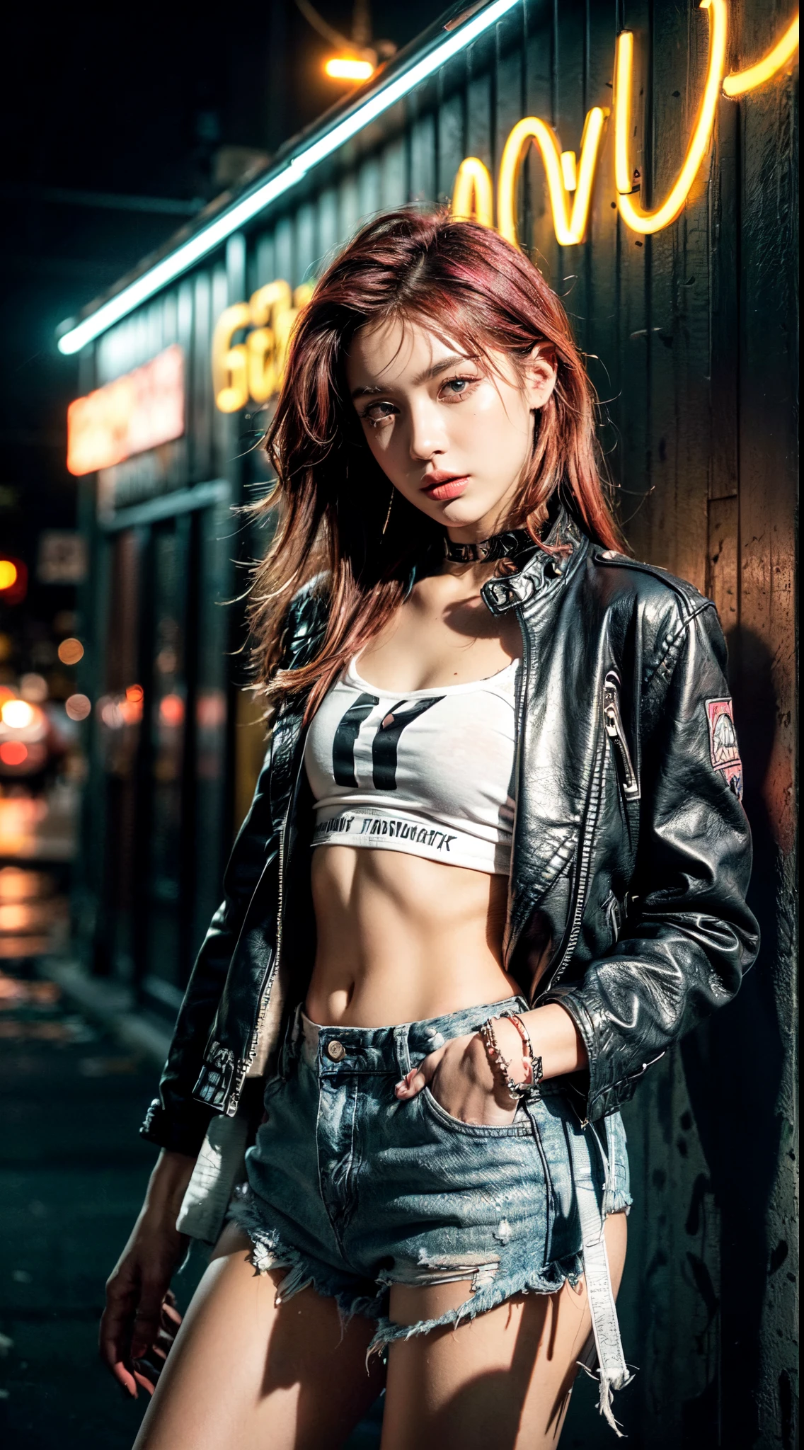 (Ultra-detailed eyes), (((textile shading))), (((Best Quality))), (((materpiece))), (((Ultra-detailed CG))), sassy girl, (((magical  girl))), (Petite), (tiny chest), very hot red hair, ((messy, hair, gorgeous hair)), Pink eyes, (((punk girl, leather jacket, y2k ripped shorts))), ((striking a pose)), (((Game CG)) (gorgeous, sassy, it girl), fancy jewelry, graffiti-covered walls,neon lights,vibrant colors,night scene,gritty atmosphere,4K, strong punk atmosphere, cowboy shot, midshot, centered image, eye on camera, daylight