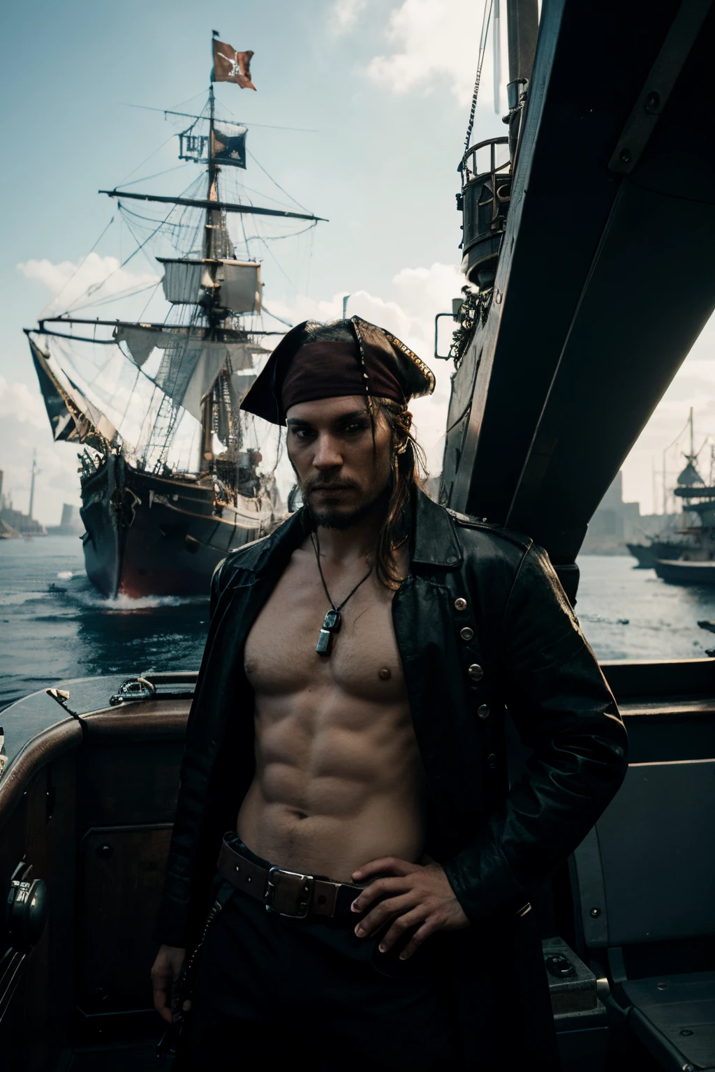 Pirate on his ship in the cyberpunk era