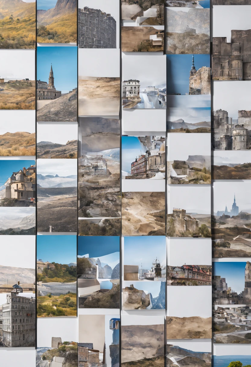 9 postcards wall by Iwan Baan, compact, maintaining a clean and precise aesthetic, no_human, intricate, (best quality, masterpiece, Representative work, official art, Professional, unity 8k wallpaper:1.3)