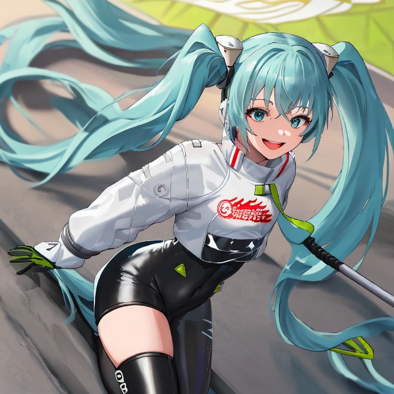 masterpiece,(ultra-detailed), 1girl, racing miku, black bodysuit, cropped jacket, white jacket, long sleeves, two-tone gloves, thigh boots, race queen, racecar, circuit, 2arms, sick face, 20 years old, glint in eyes, sparkle in eyes, smile