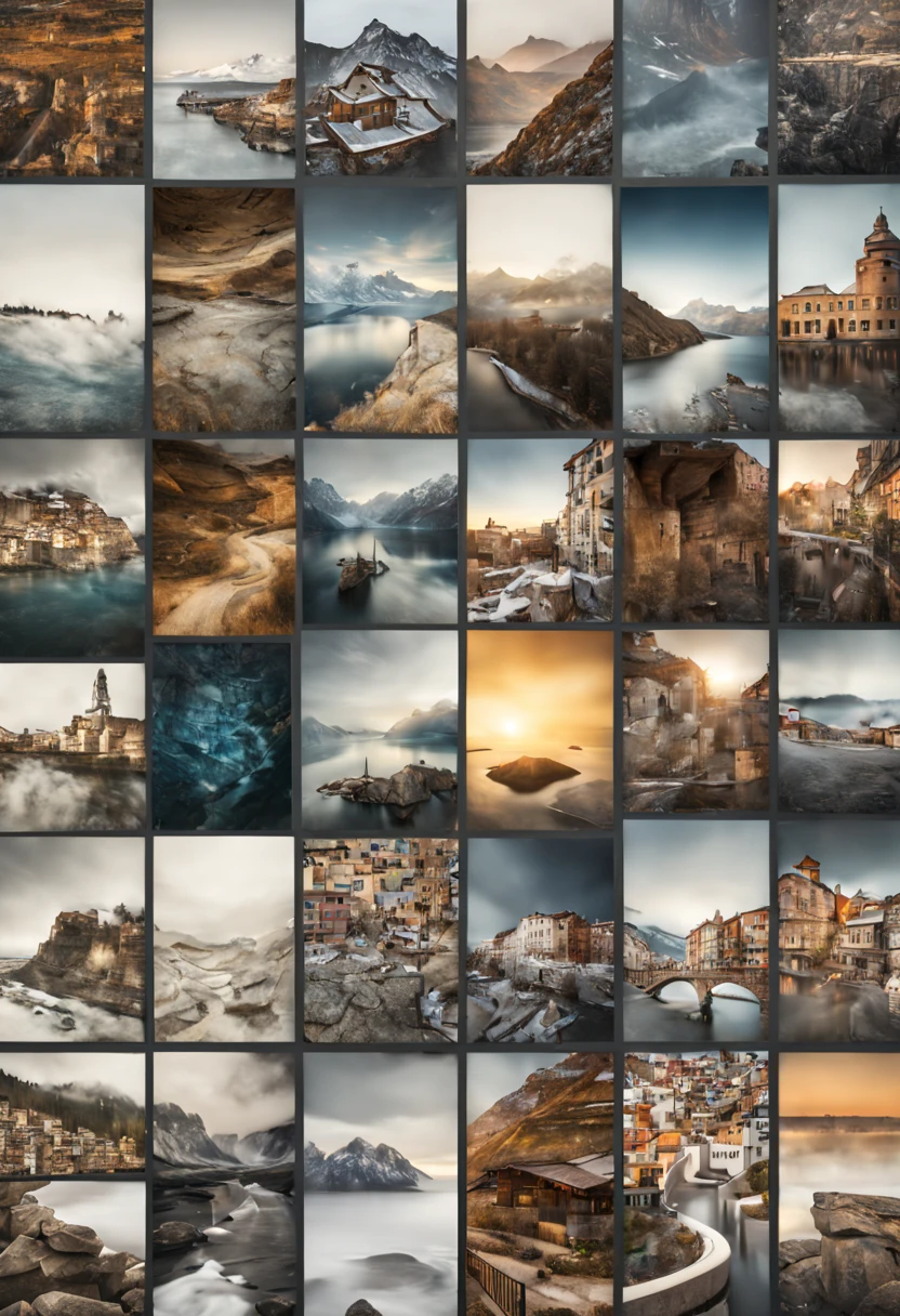 9 postcards wall by Michael Breitung, compact, maintaining a clean and precise aesthetic, no_human, intricate, (best quality, masterpiece, Representative work, official art, Professional, unity 8k wallpaper:1.3)