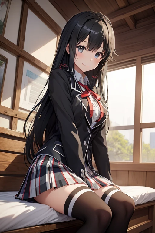 (​masterpiece、top-quality: 1.2)、Cowboy Shots、独奏、One girl、Yukinoshita Yukino、A smile、a closed mouth、looking at viewert、student clothes、Black jacket、plaid skirts、thigh-high socks、Black pantyhose