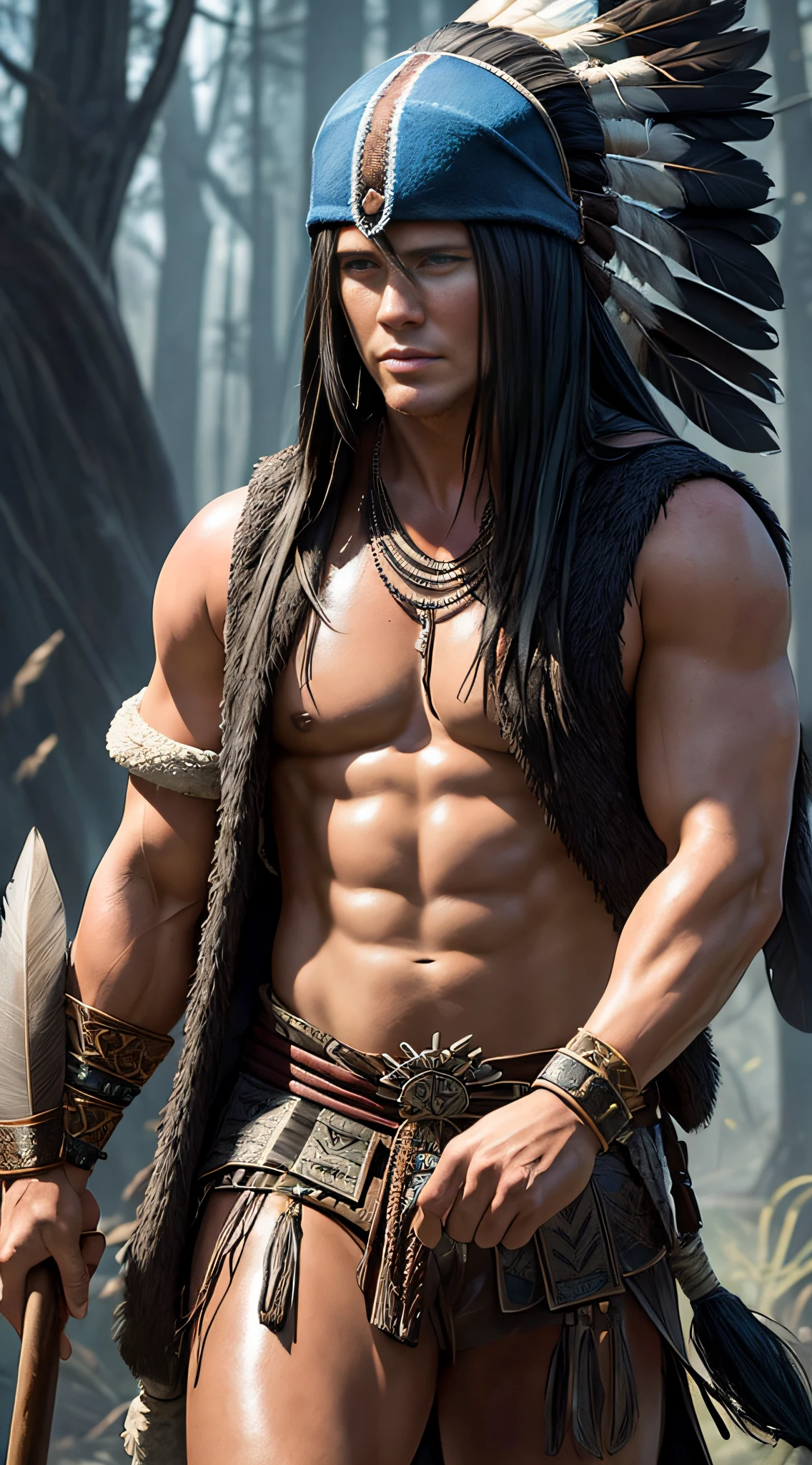 actor ((Channing Tatum)) as Nightwolf from Mortal Kombat, wields tomahawk, black long hair, wears traditional Native American attire, headdress adorned with feathers, blue waistcoat, loincloth, decorative accessories, elements of animal hides, tribal patterns, spiritual symbols, intricate, high detail, sharp focus, dramatic, photorealistic painting art by greg rutkowski