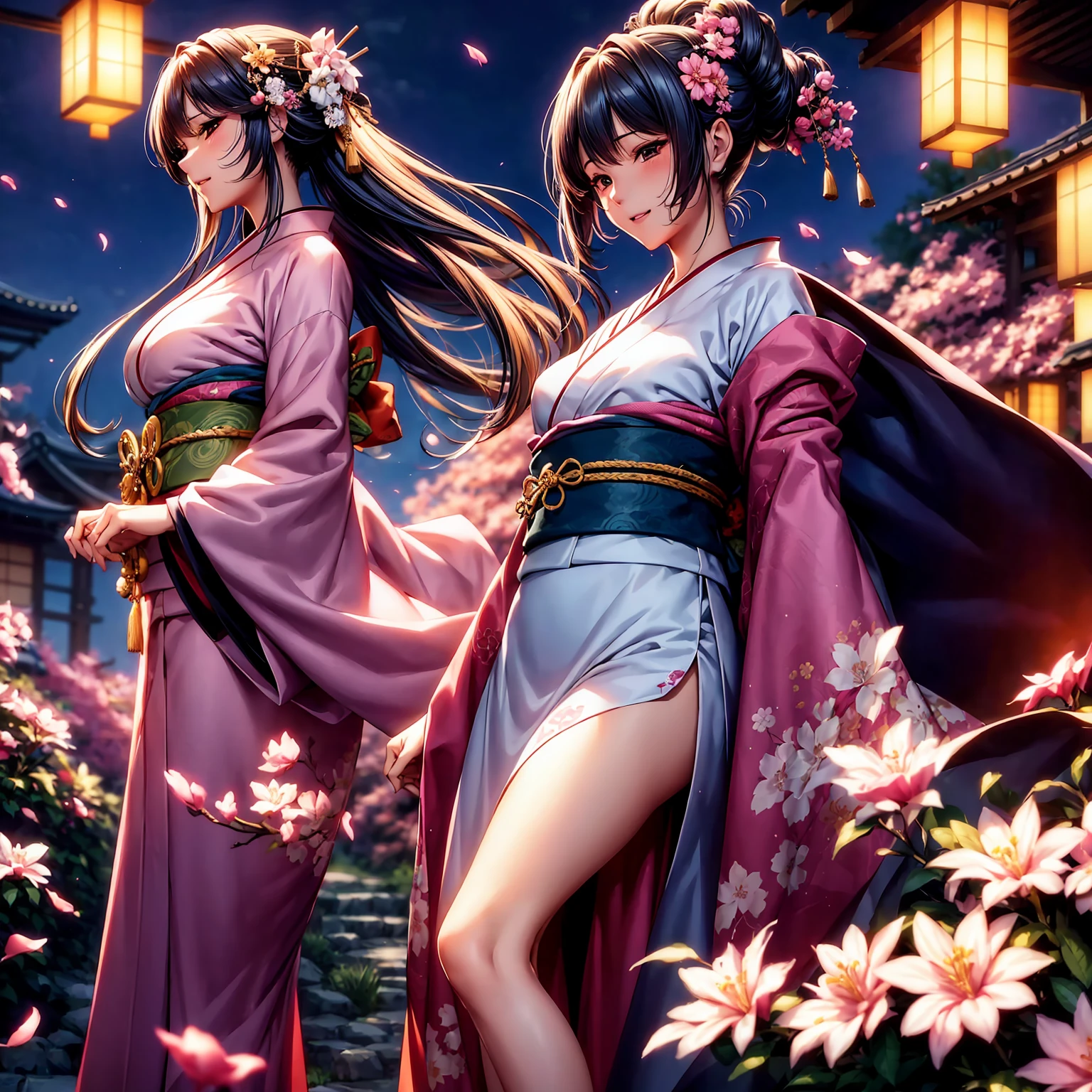 (top-quality、masterpiece、very high res、超A high resolution,High resolution details 1.5)、A woman of perfect and ultimate beauty(24 years old 1.5)、Realistic portraits、Beautiful breasts with a slender body shape(F Cup 1.5)、Beautiful body、美丽的面容、large pink,Long hair,Beautiful hair、Japan hair ornament,Realistic textured skin and、Wearing a beautiful Japanese kimono,Kimono has colors and patterns.,Kimono sleeves and obi are long,Arms outstretched,Exposed shoulders from kimono,I can see the cleavage,Bright smile、Hair flutters under the influence of the wind,The sleeves and obi of the kimono flutter in the wind.,Japanese garden with beautiful cherry blossoms at night、Mysterious night sky、Lantern light,Beautiful Landscapes、(accurate detail、the detailed images、Accurate images、Perfect Image 1.5)、、beautiful anime woman, Beautiful Art Style, an animated character、The whole picture、Detailed picture、accurate anatomy、Defect-free images、natural soft light、beautiful image、extremely detailed picture、(Best Shot 1.2)