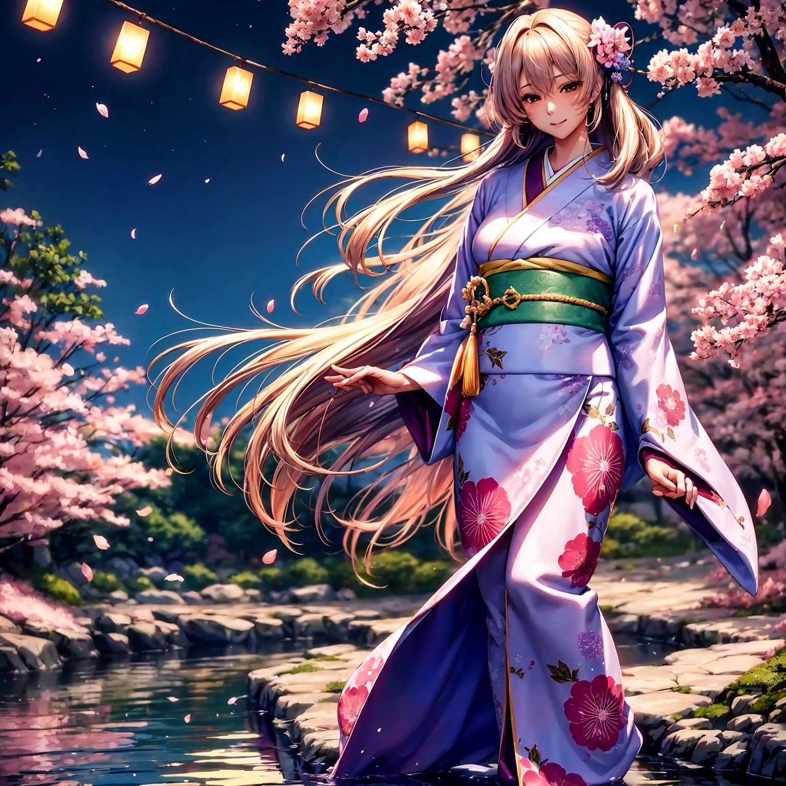 (top-quality、masterpiece、very high res、超A high resolution,High resolution details 1.5)、A woman of perfect and ultimate beauty(24 years old 1.5)、Realistic portraits、Beautiful breasts with a slender body shape(F Cup 1.5)、Beautiful body、美丽的面容、large pink,Long hair,Beautiful hair、Japan hair ornament,Realistic textured skin and、Wearing a beautiful Japanese kimono,Kimono has colors and patterns.,Kimono sleeves and obi are long,Arms outstretched,Exposed shoulders from kimono,I can see the cleavage,Bright smile、Hair flutters under the influence of the wind,The sleeves and obi of the kimono flutter in the wind.,Japanese garden with beautiful cherry blossoms at night、Mysterious night sky、Lantern light,Beautiful Landscapes、(accurate detail、the detailed images、Accurate images、Perfect Image 1.5)、、beautiful anime woman, Beautiful Art Style, an animated character、The whole picture、Detailed picture、accurate anatomy、Defect-free images、natural soft light、beautiful image、extremely detailed picture、(Best Shot 1.2)