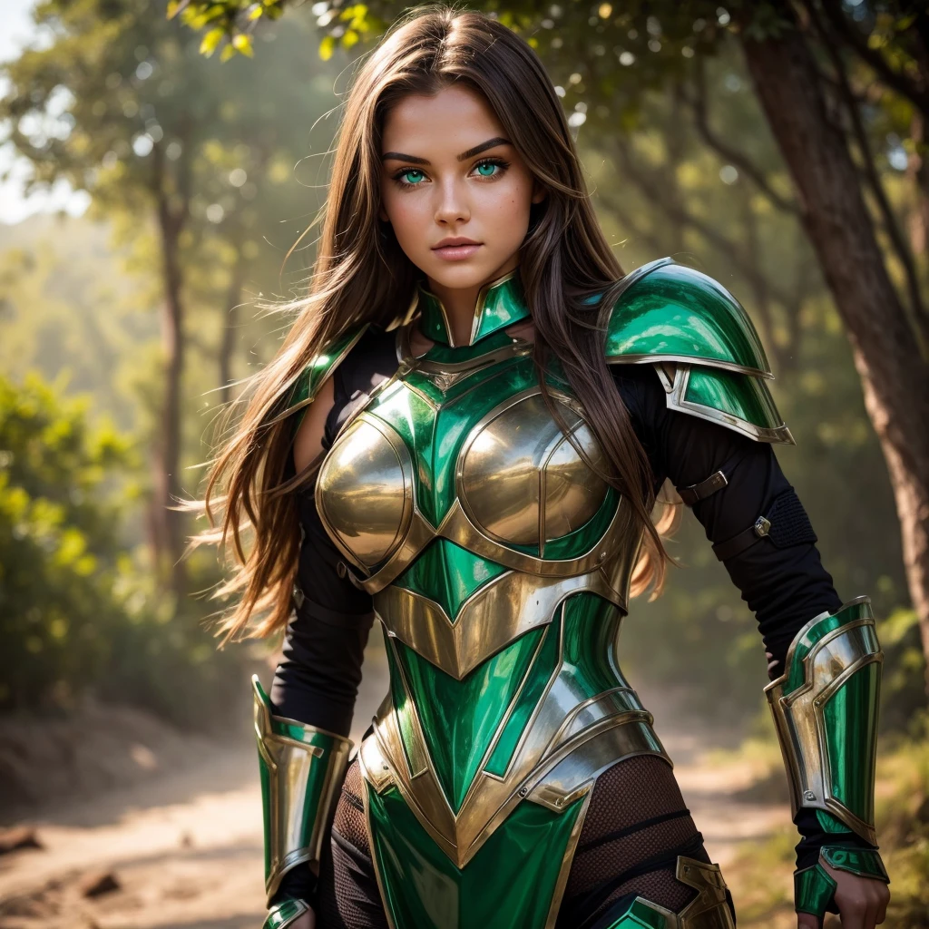 Hot girl with emerald green eyes and light brown wearing armor.