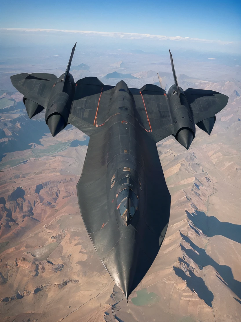 ((​masterpiece、top-quality、realisitic、ultra-detailliert、hight resolution、Photorealsitic、foco nítido、lighting like a movie))、Lockheed SR-71 Blackbird、Meadow covered with green grass in the background、flying above the deep blue sky、Top Secret Spaceplane、Lockheed concept art、fighter jet in flight、Jet fighter、(dark blue sky on the background of mountains,)、dark creepy stealth